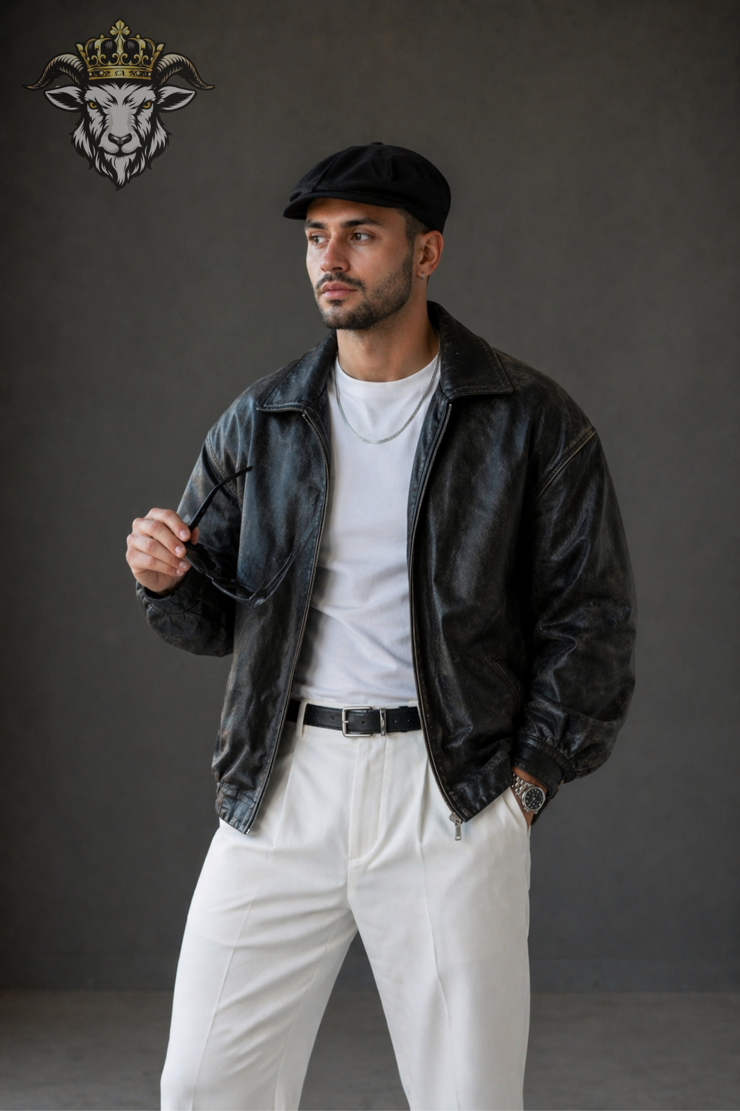 Men’s Distress Black Oversize Real Leather Bomber Jacket