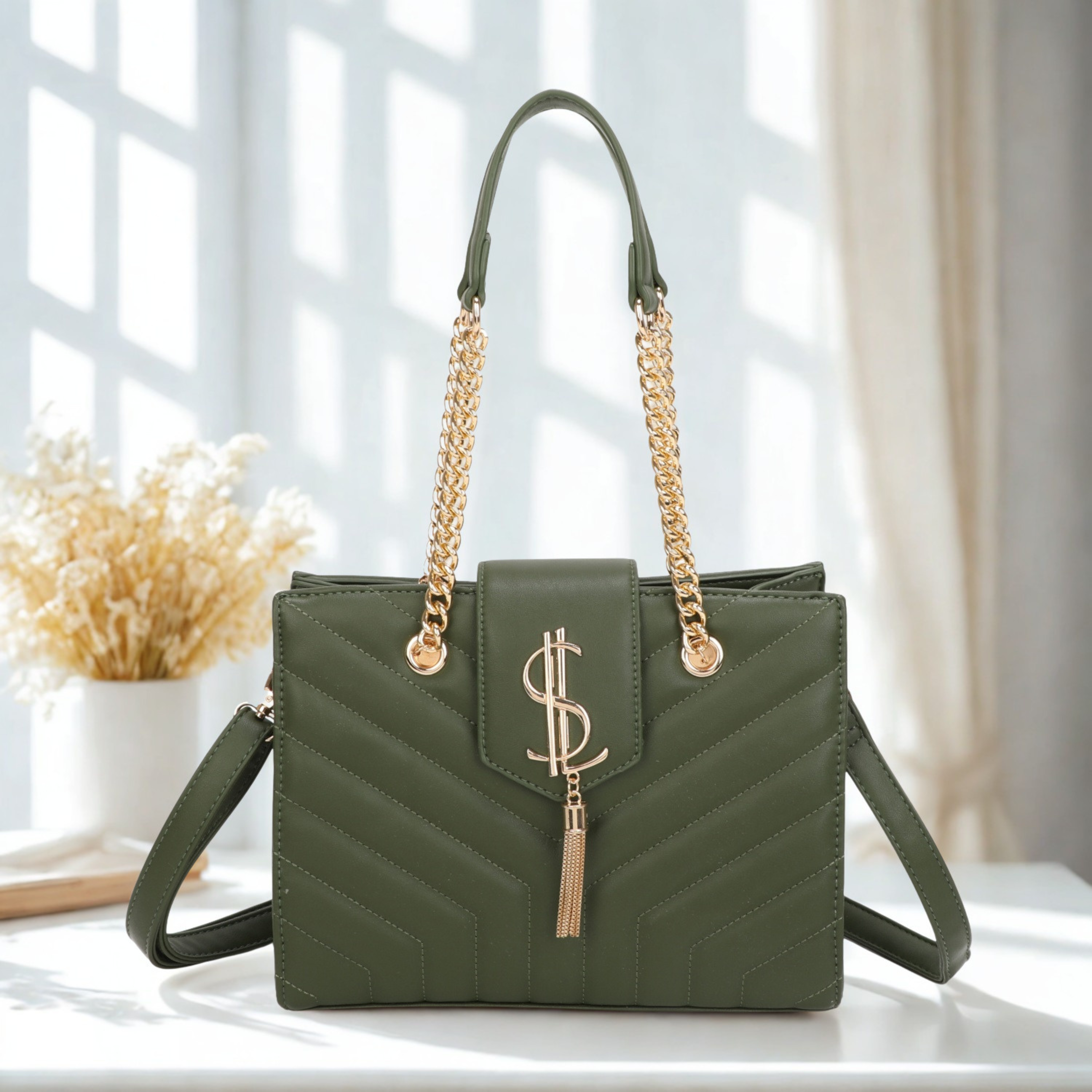 Women’s Quilted Shoulder Bag with Gold Chain Handles, Detachable Crossbody Strap