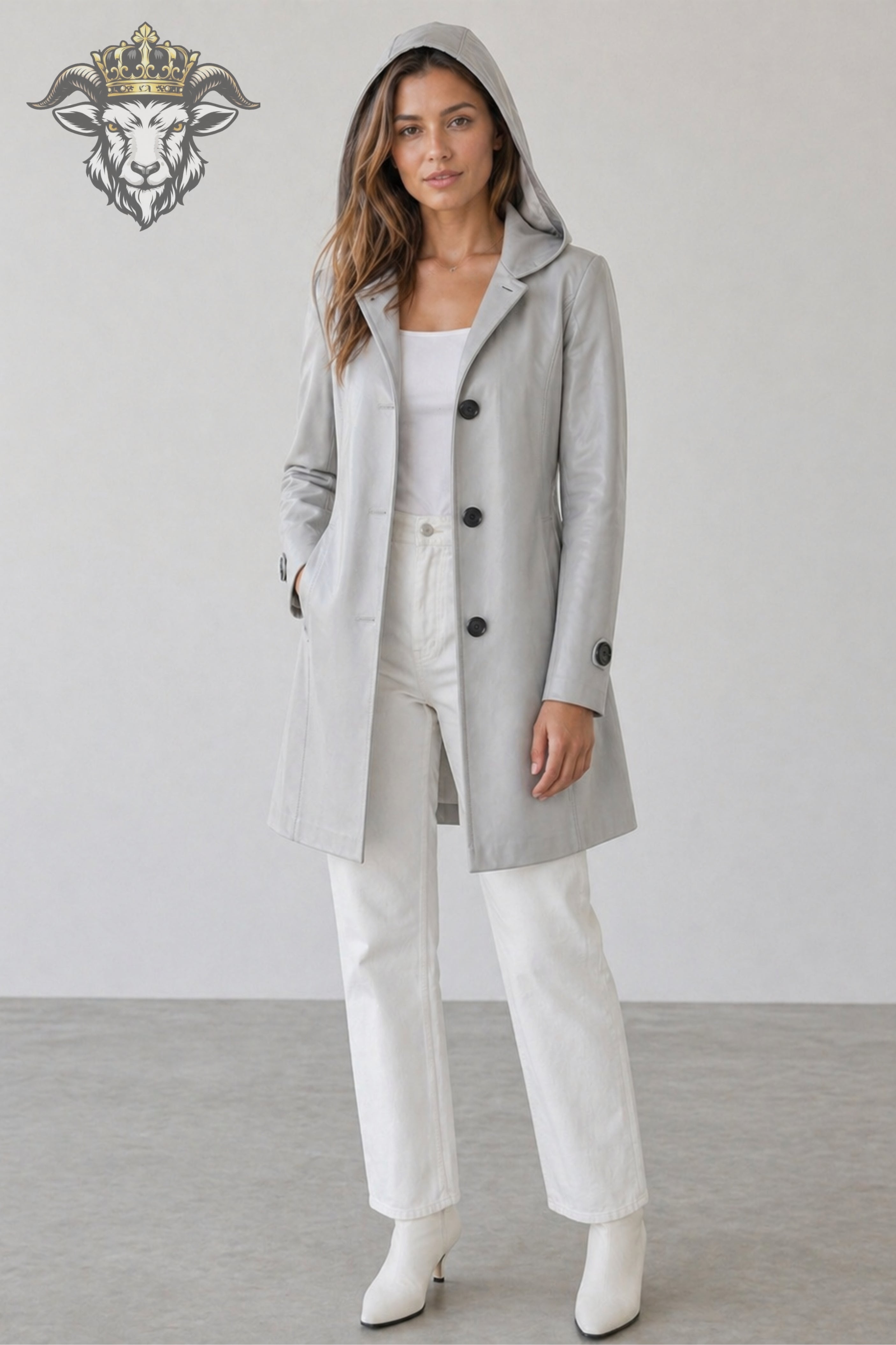 Women’s Light Grey Real Leather Hooded Coat