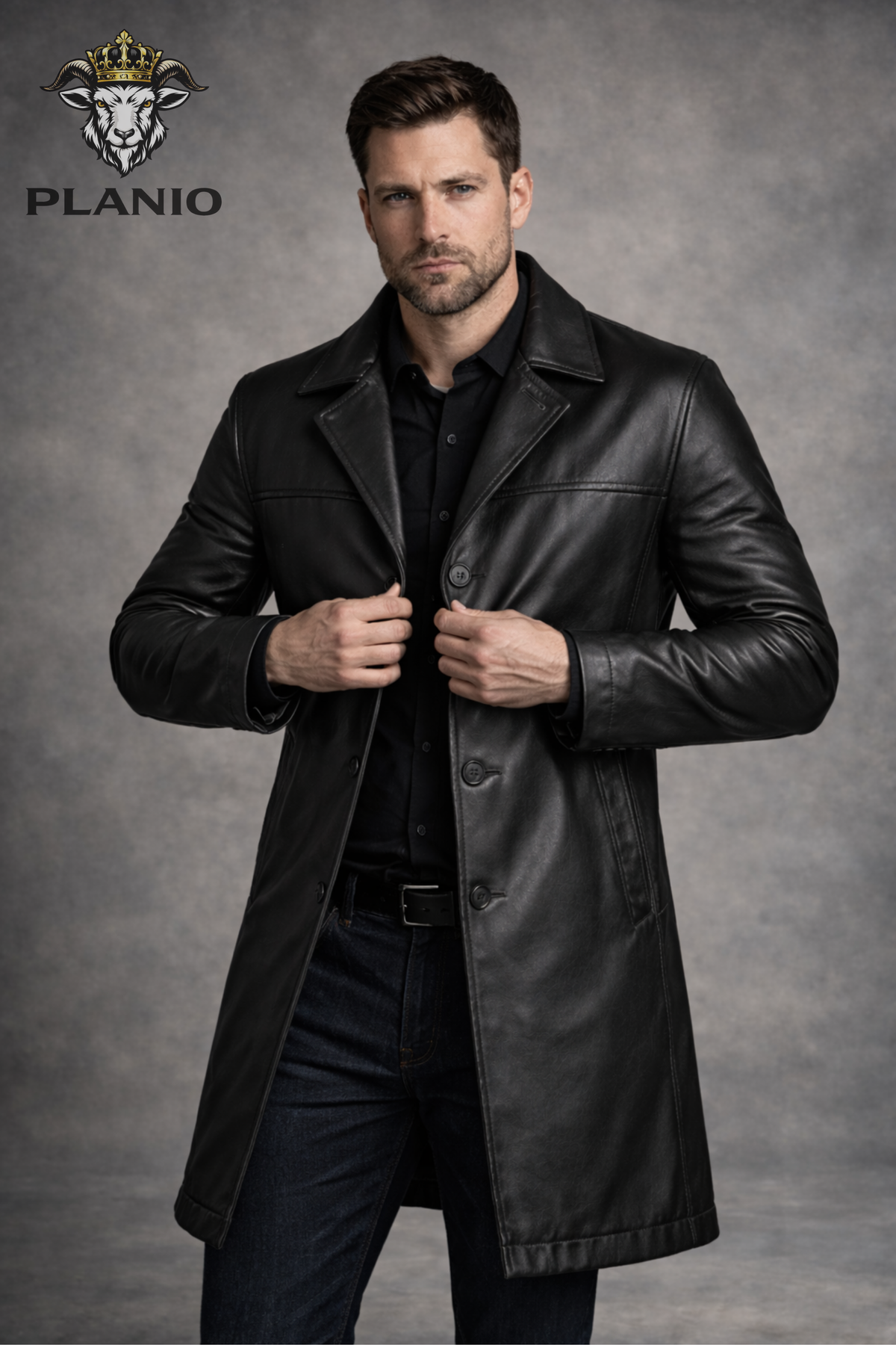 Men’s Black Real Leather Longcoat – Above Knee Button Front Leather Coat