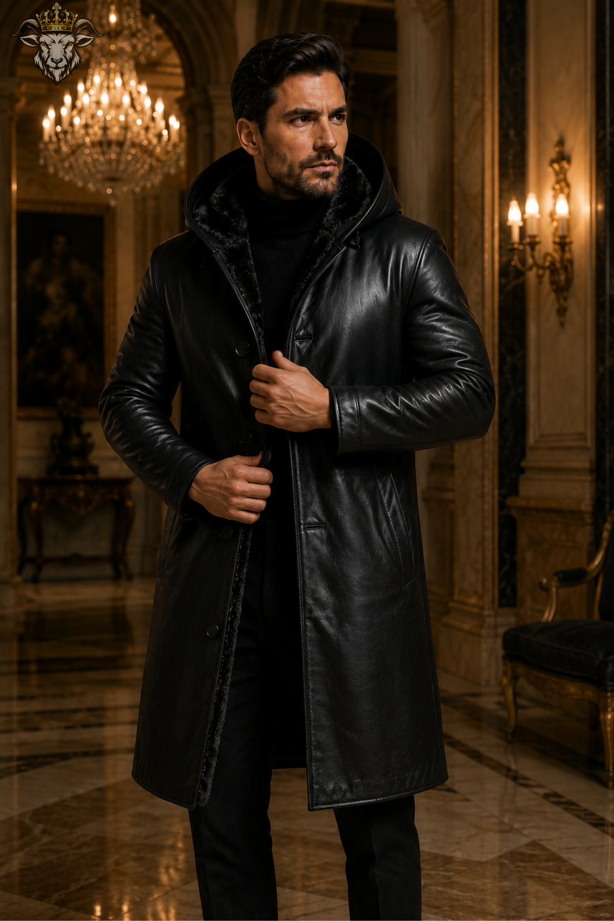 Men Black Genuine Leather Hooded Long Coat, Real Leather Trench Coat, Fur Lined Winter Jacket, Luxury Gothic Overcoat, Stylish Mens Outerwear