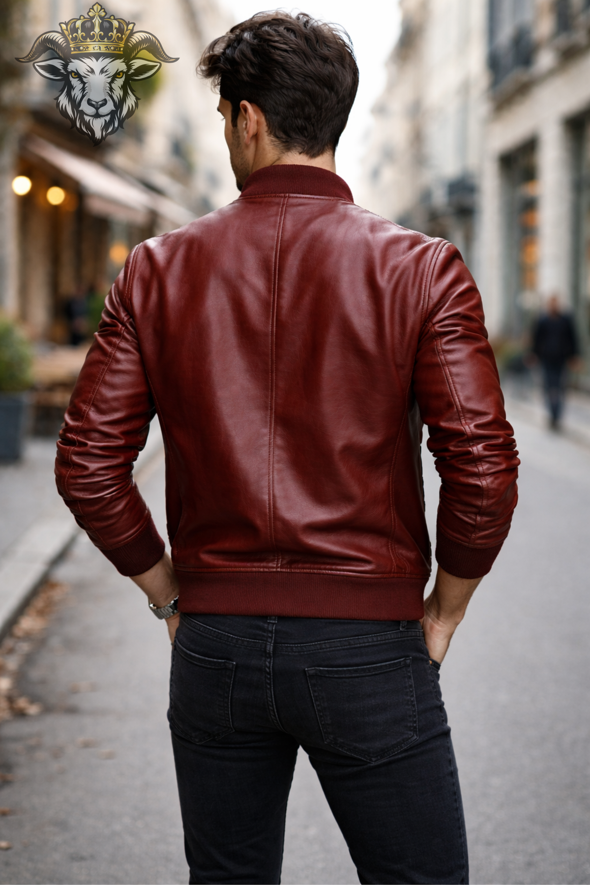 Men's Burgundy Red Leather Bomber Jacket, Ribbed Collar Zip-Up Jacket, Modern Classic Outerwear