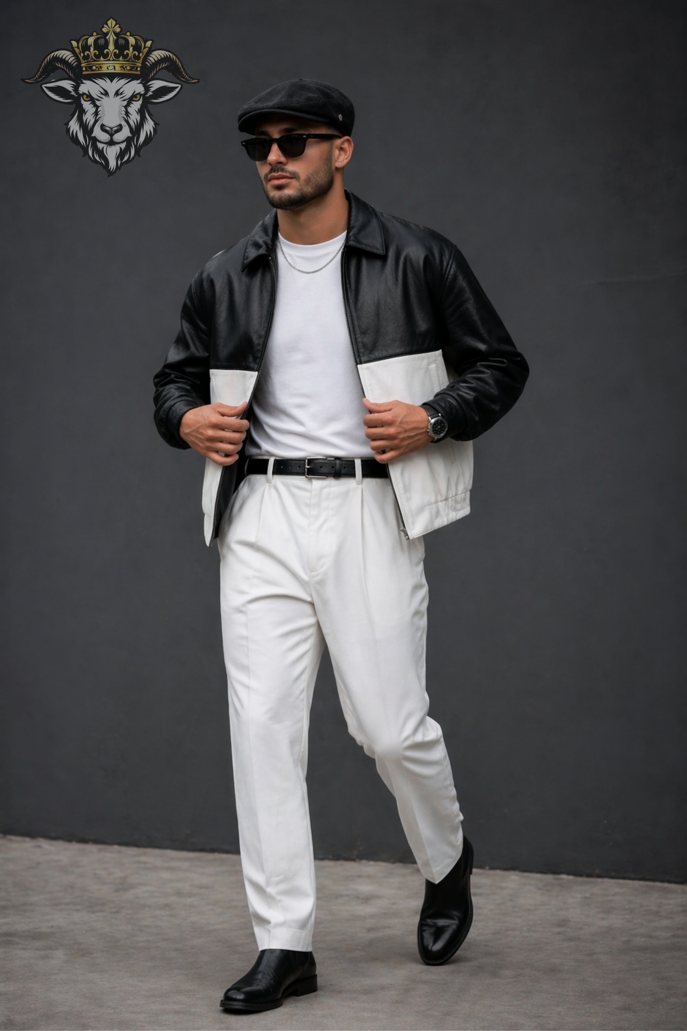 Men’s Two-Tone(Black/White) Oversize Real Leather Bomber Jacket