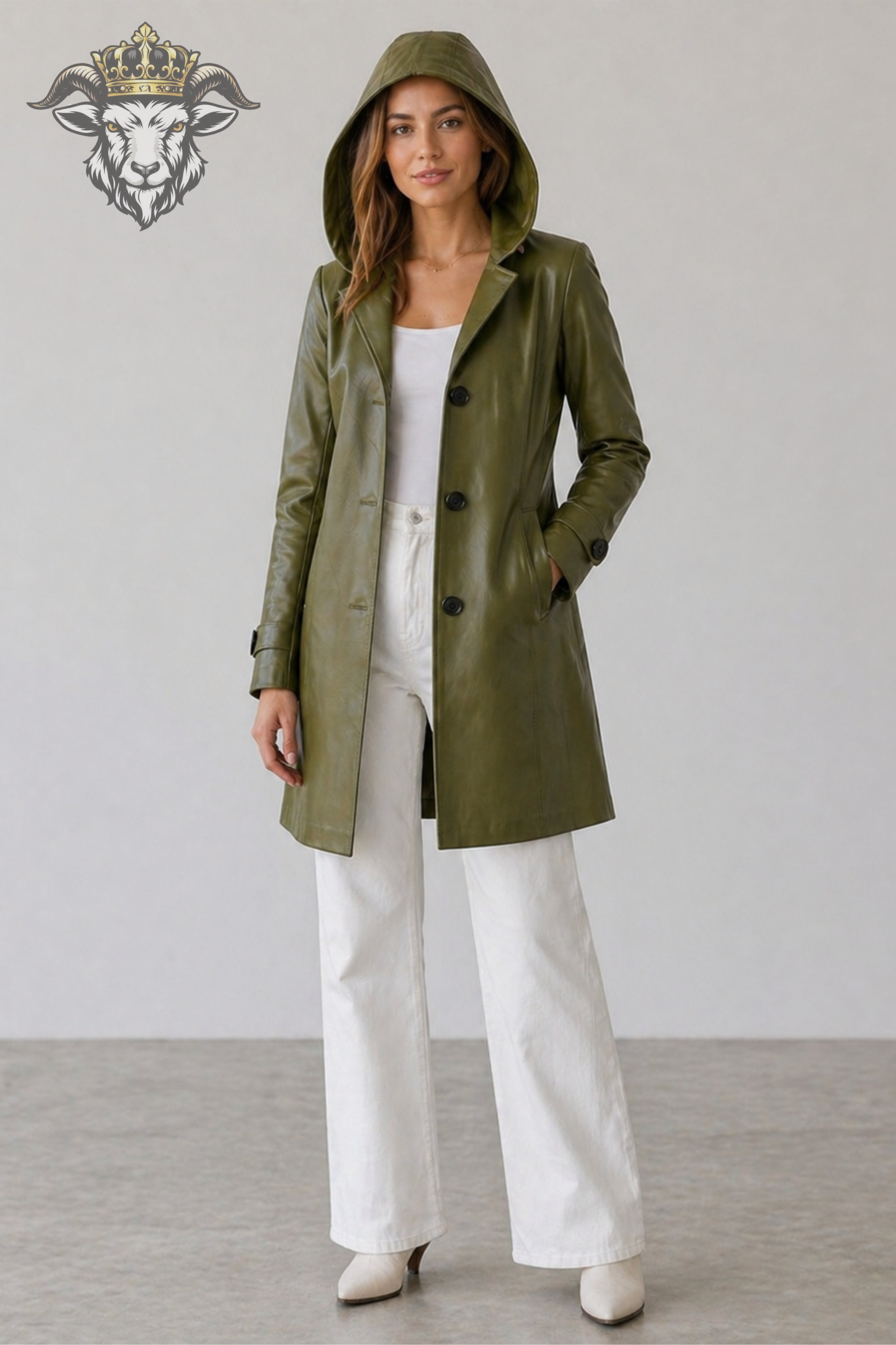 Women’s Olive Green Real Leather Hooded Coat