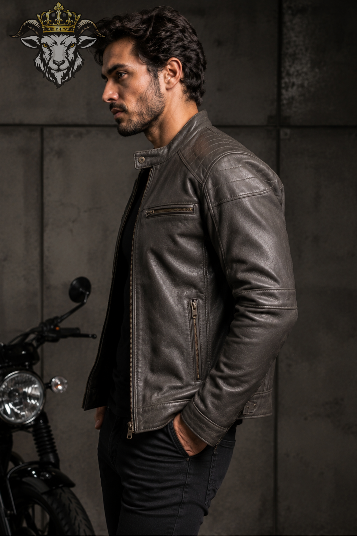 Men's Gray Real Leather Biker Jacket, Slim Fit Motorcycle Jacket, Cafe Racer Leather Jacket, Mandarin Collar Moto Coat