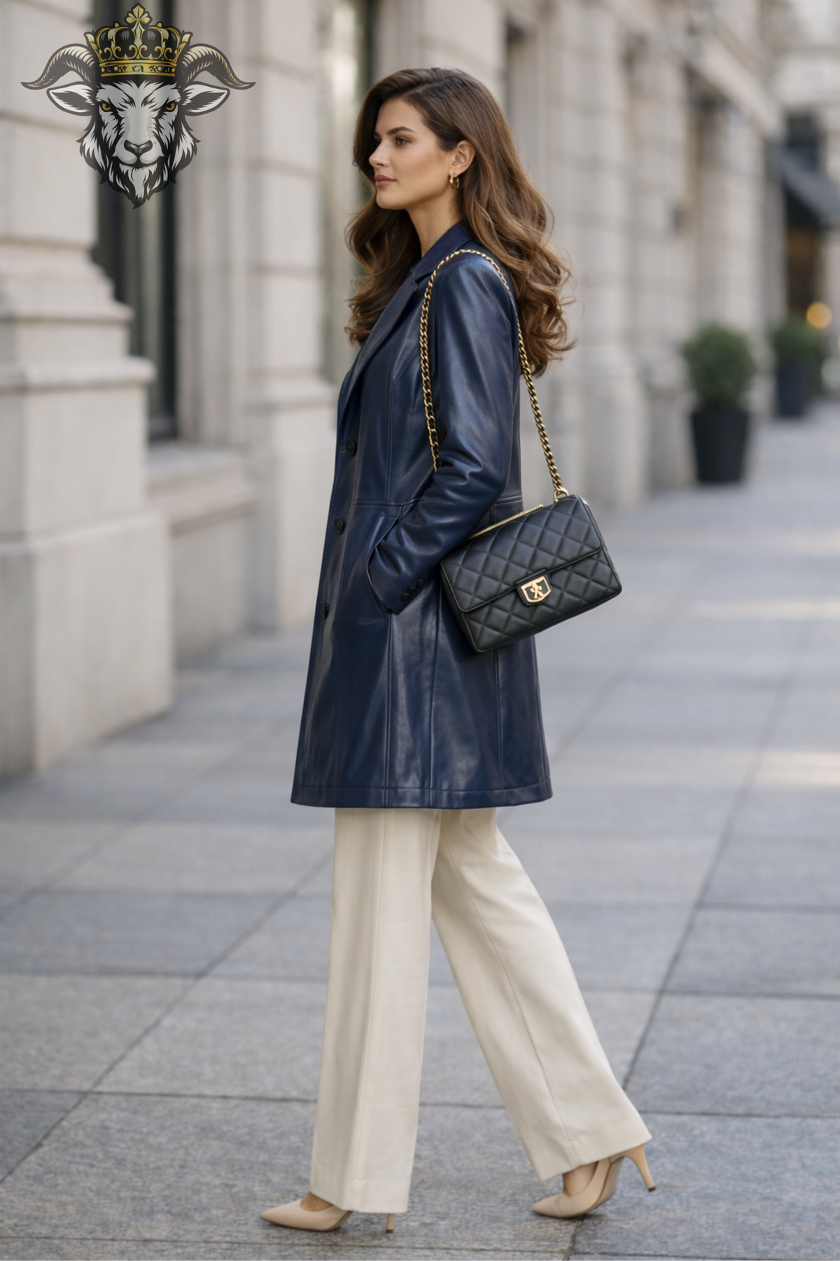 Women's Royal Blue Leather Trench Coat, Tailored Mid Length Button Front Jacket, Glossy Blue Longline Outerwear, Classic Chic Coat