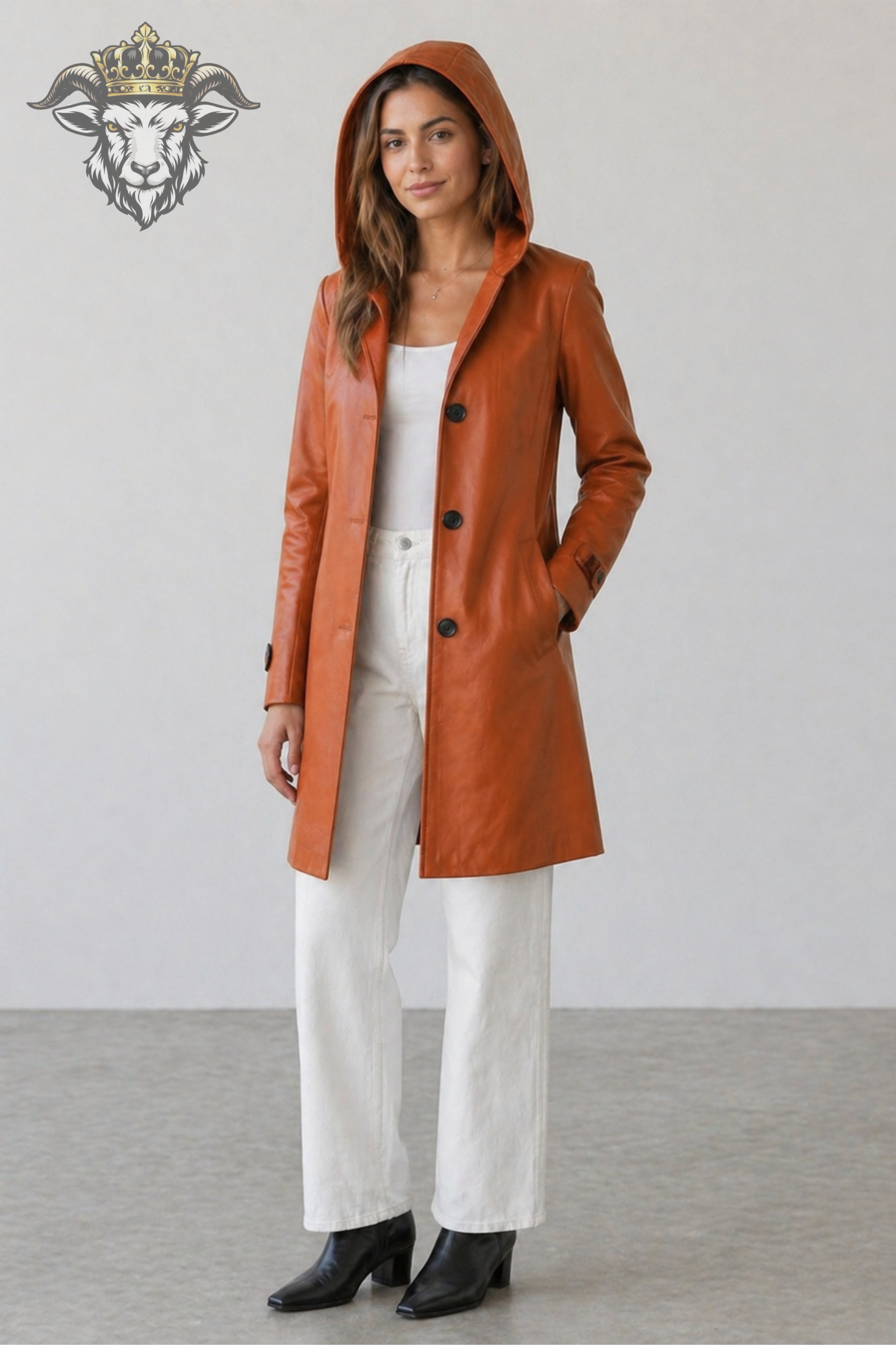 Women’s Burnt Orange Real Leather Hooded Coat