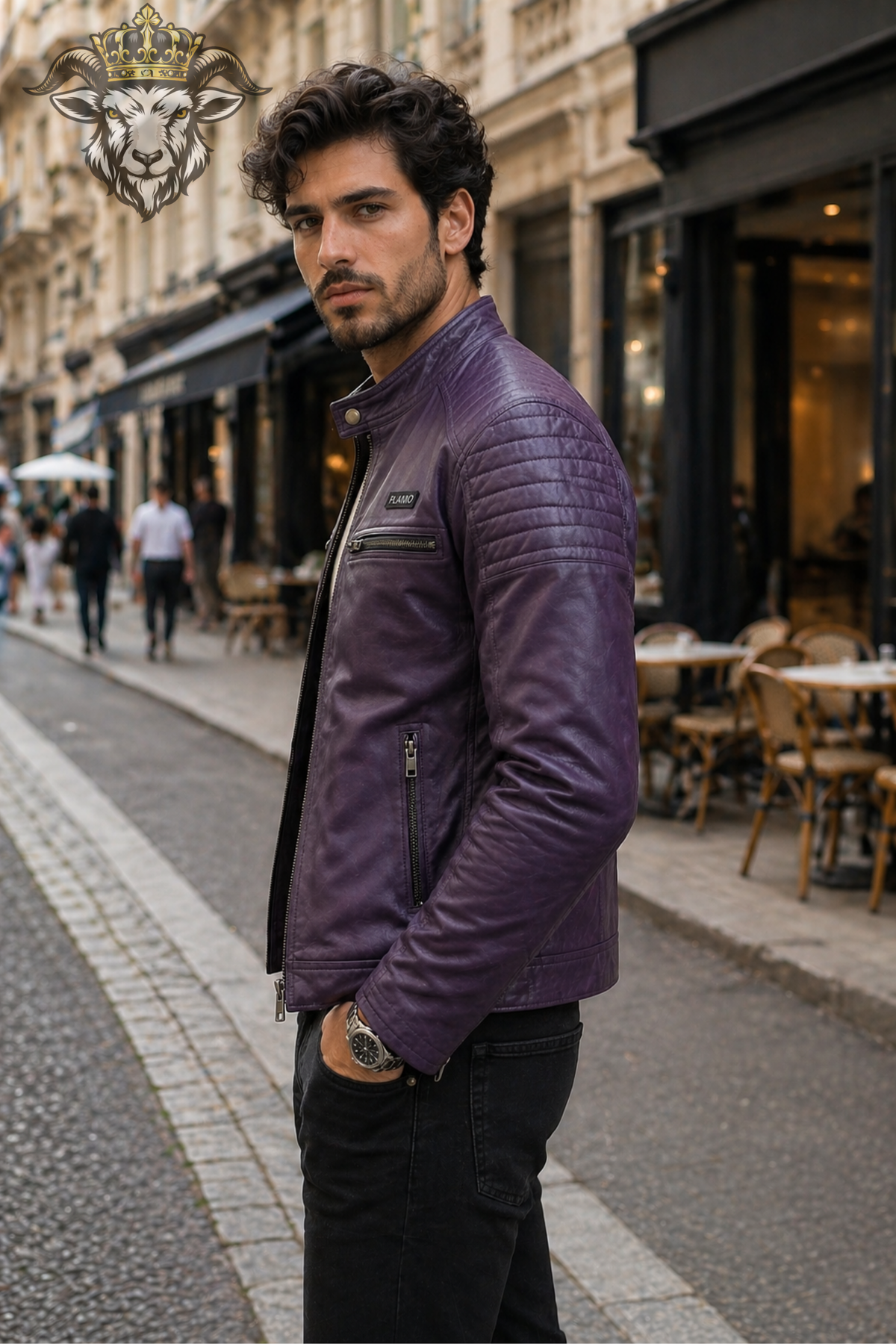 Men's Purple Real Leather Biker Jacket, Slim Fit Cafe Racer Motorcycle Jacket, PLANIO Quilted Moto Jacket, Stylish Purple Leather Outerwear