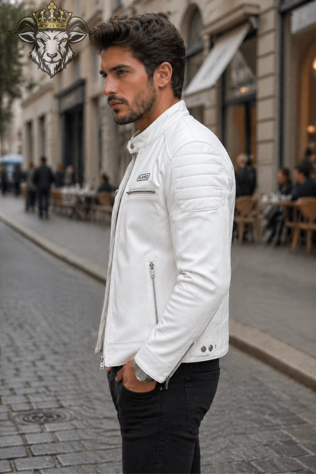 Men's White Faux Leather Biker Jacket, PLANIO Slim Fit Motorcycle Jacket, Quilted Shoulder Moto Jacket, Zipper Pocket Streetwear