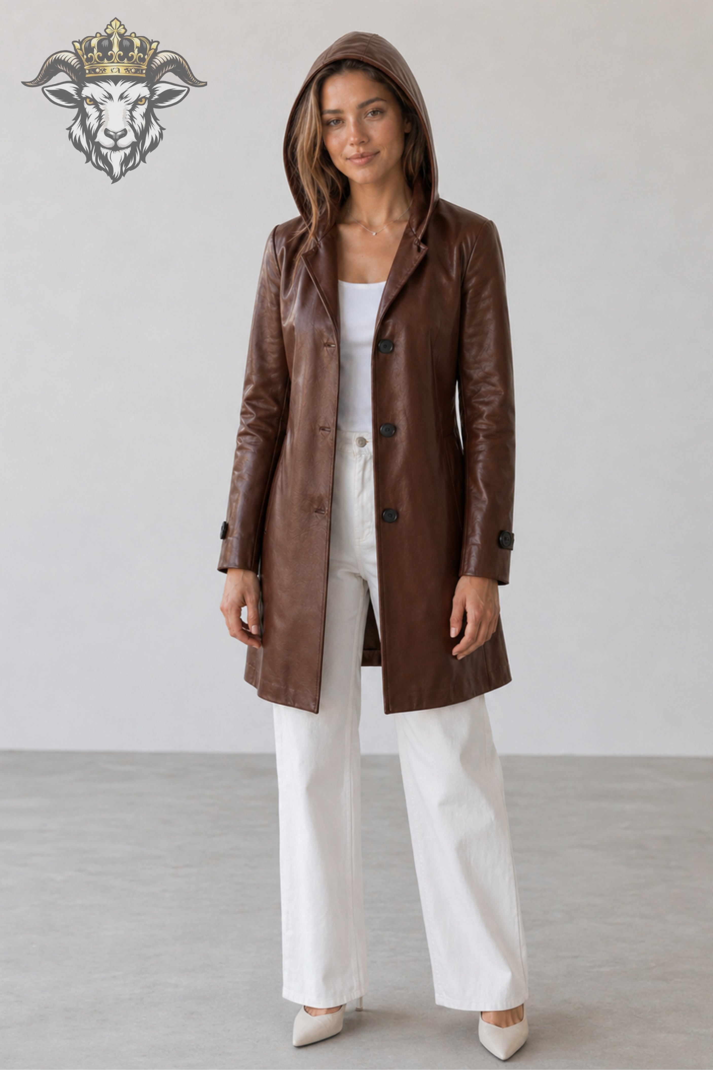 Women’s Brown Real Leather Hooded Coat