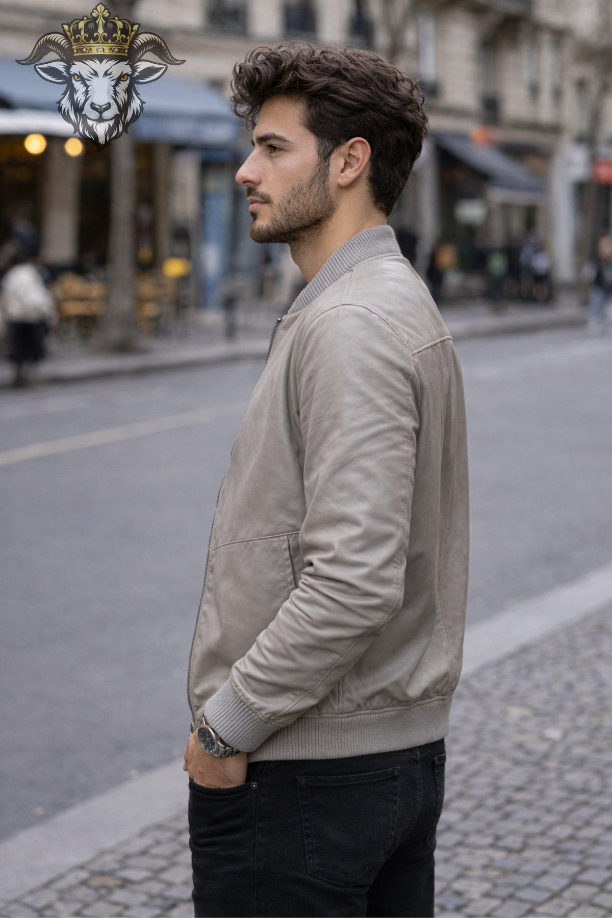 Men's Taupe Leather Bomber Jacket, Light Beige Zip Up Jacket, Ribbed Collar Minimalist Outerwear, Classic Casual Men's Jacket