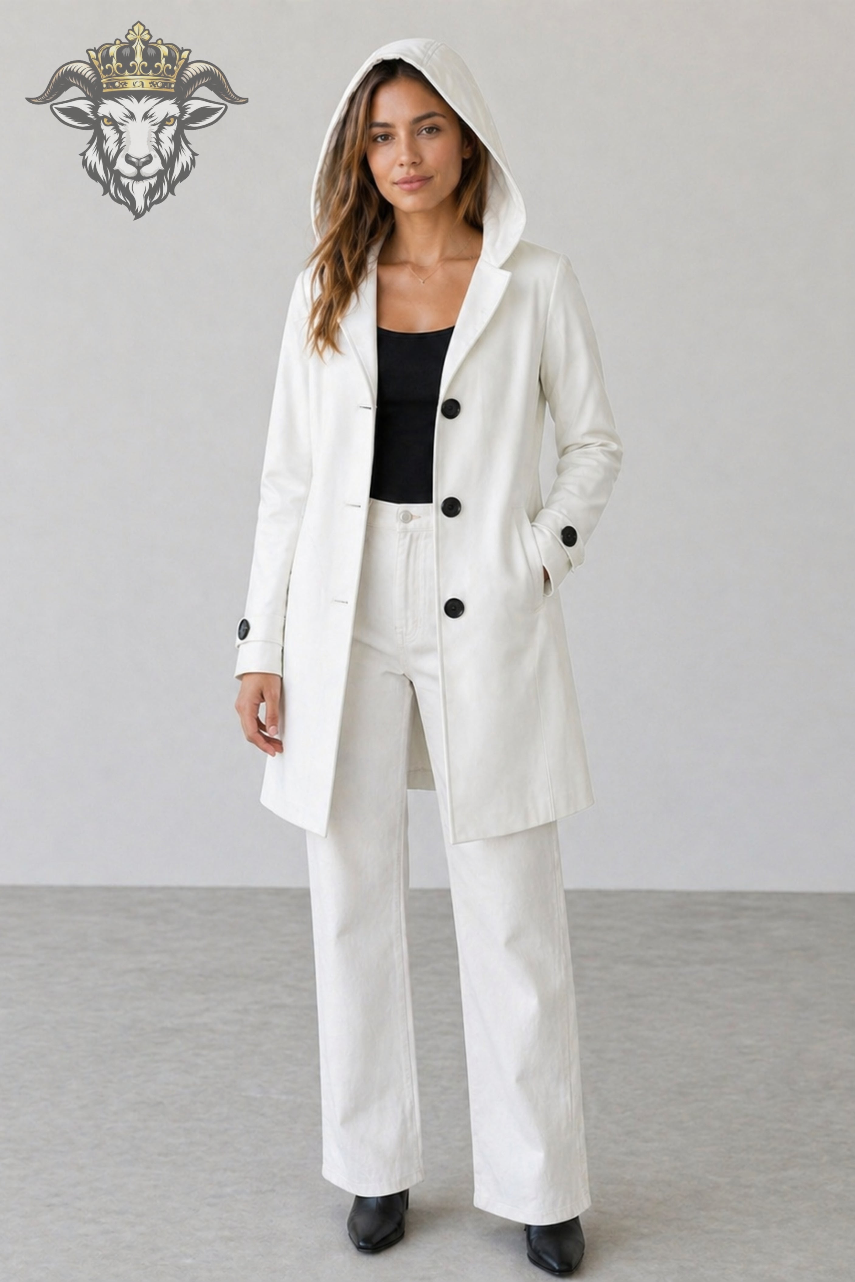 Women’s White Real Leather Hooded Coat