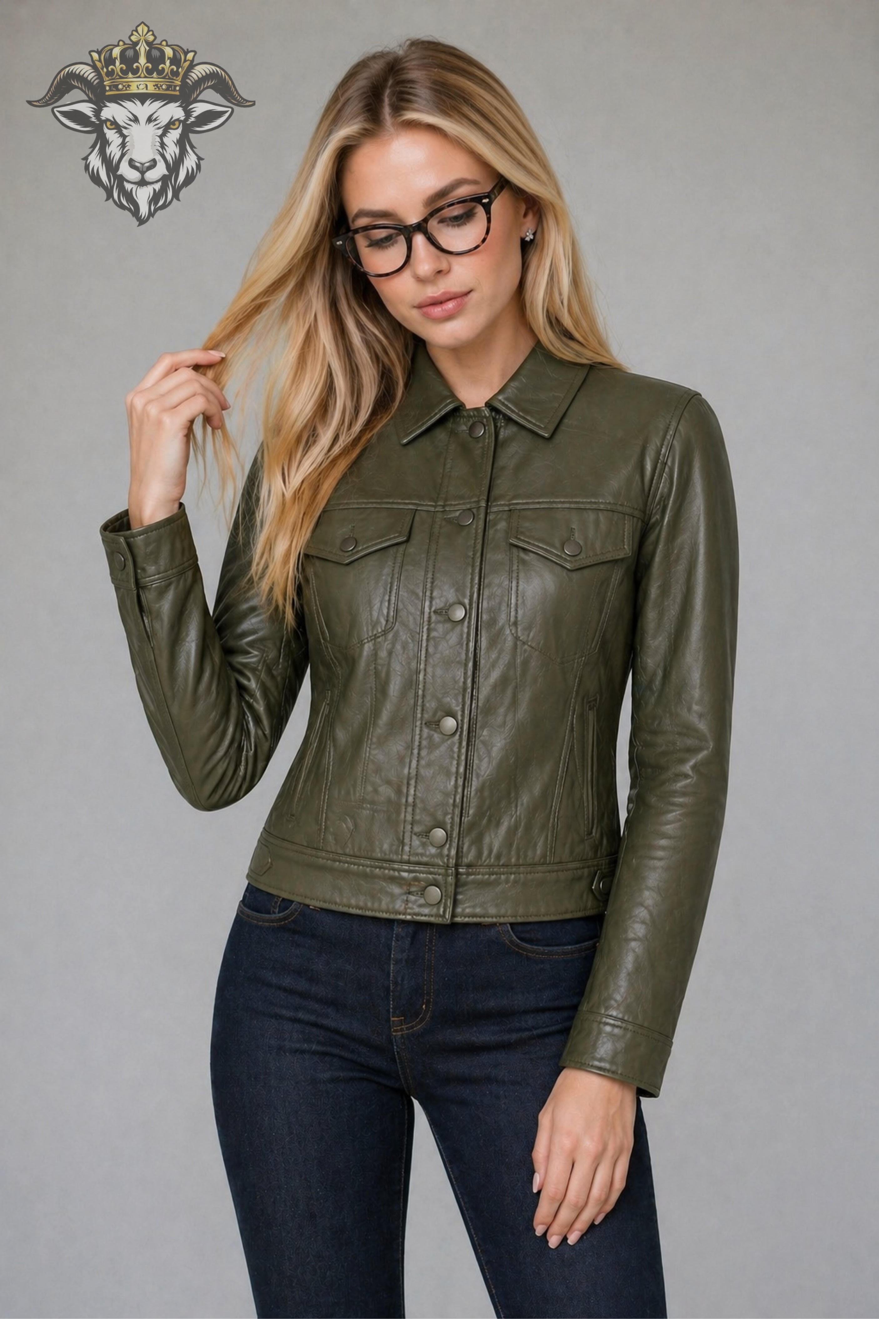 Women’s Olive Green Real Leather Trucker Jacket