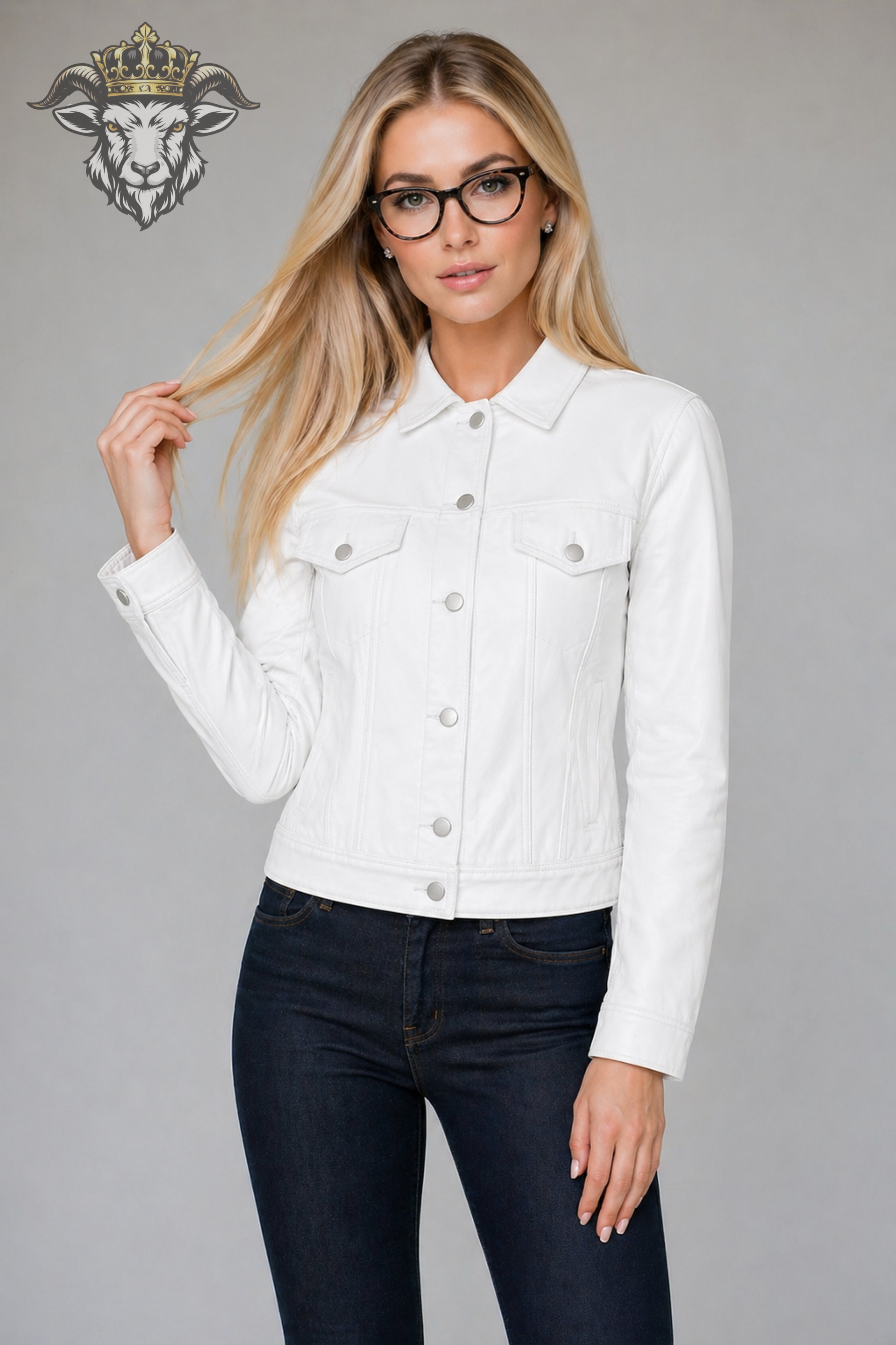 Women’s White Real Leather Trucker Jacket