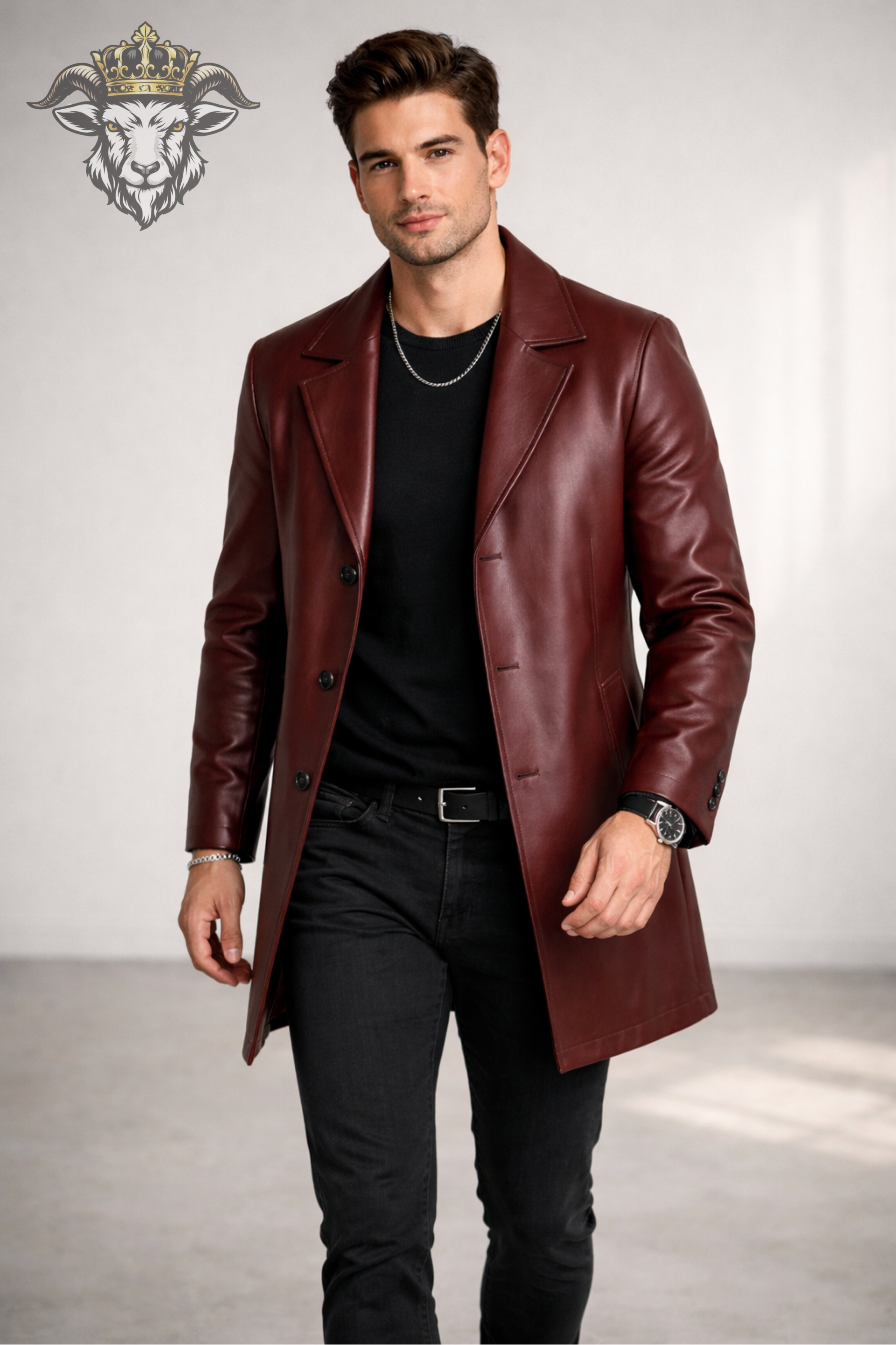 Men’s Burgundy Real Leather Coat – Mid-Thigh Length Premium Tailored Overcoat with Wide Lapels & Button Closure