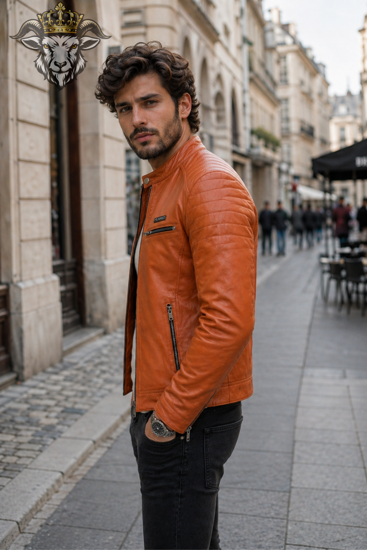 Men's Orange Real Leather Biker Jacket, Slim Fit Cafe Racer Motorcycle Jacket, PLANIO Zip Front Moto Jacket, Quilted Shoulder Outerwear