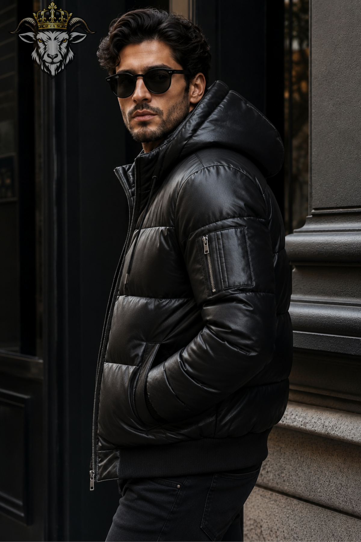 Men’s Black Genuine Leather Puffer Jacket with Hood, Quilted Leather Bomber Jacket, Winter Coat, Hooded Motorcycle Jacket, Streetwear