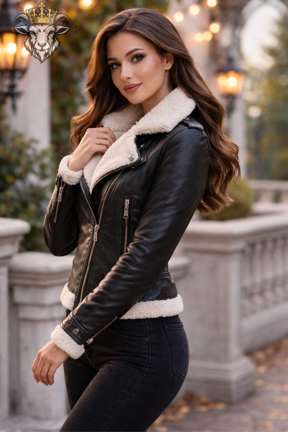Women’s Black Real Leather Aviator Jacket, White Shearling Collar Biker Jacket, Fitted Winter Moto Coat, Luxury Leather Outerwear
