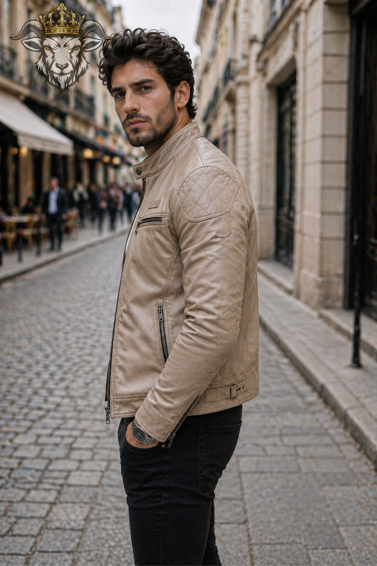 Men's Beige Leather Biker Jacket – Slim Fit Real Leather Moto Jacket, Vintage Cafe Racer Jacket with Quilted Shoulders