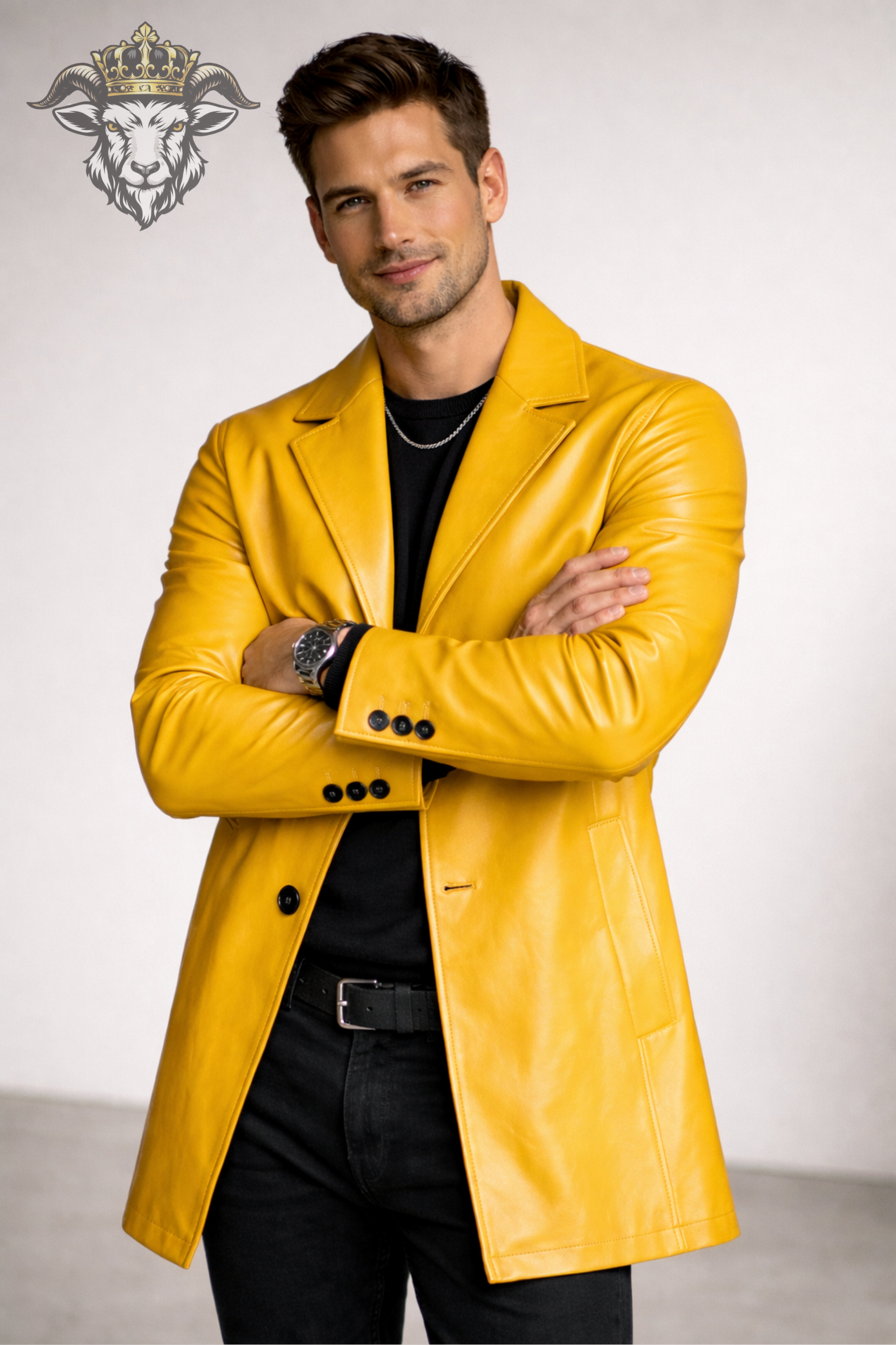 Men’s Yellow Real Leather Coat – Mid Thigh Premium Tailored Leather Jacket with Wide Lapels & Modern Fit
