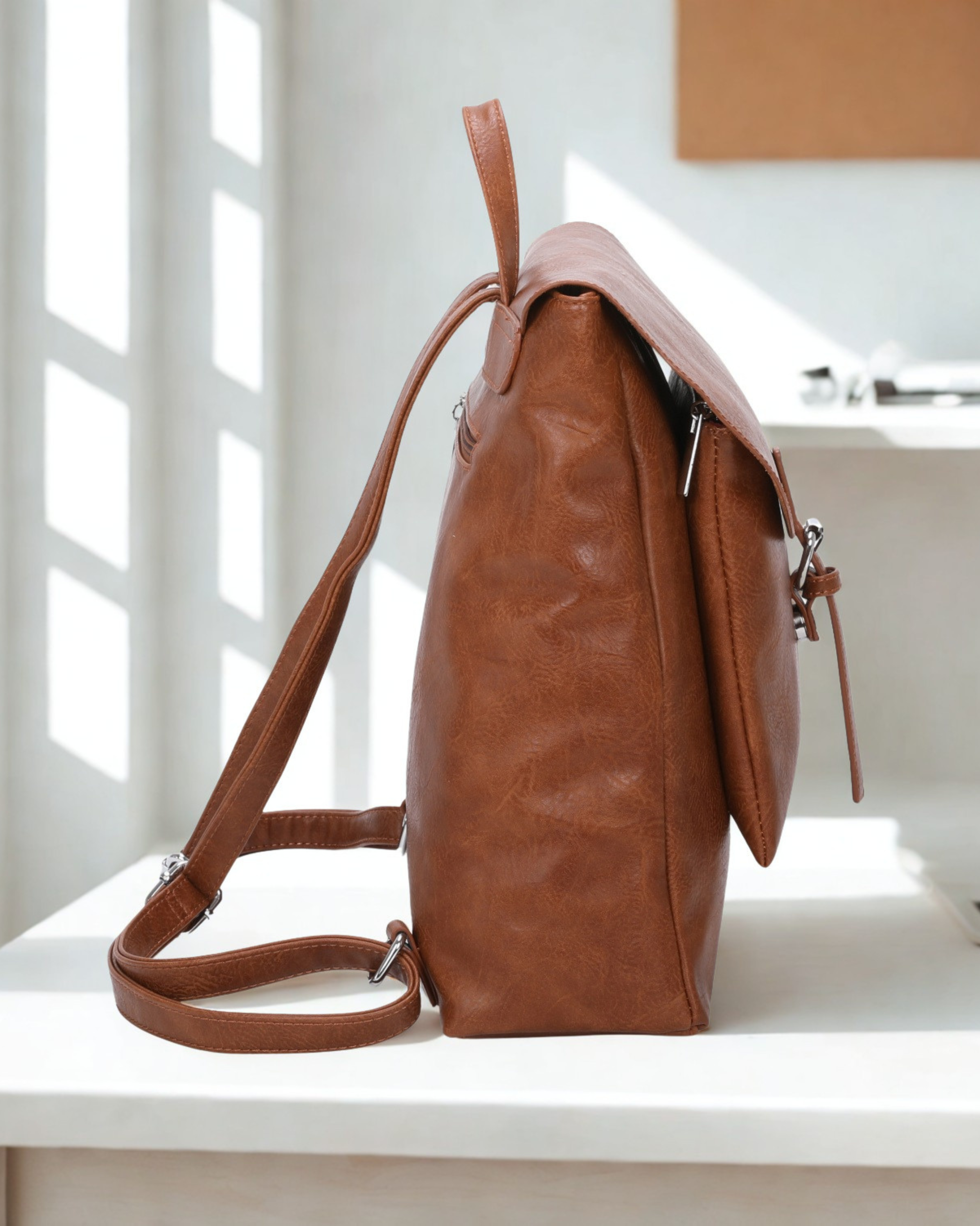 Women Synthetic Leather Look Backpack Flap Over Top Zip Magdot Buckle Bag 33cm