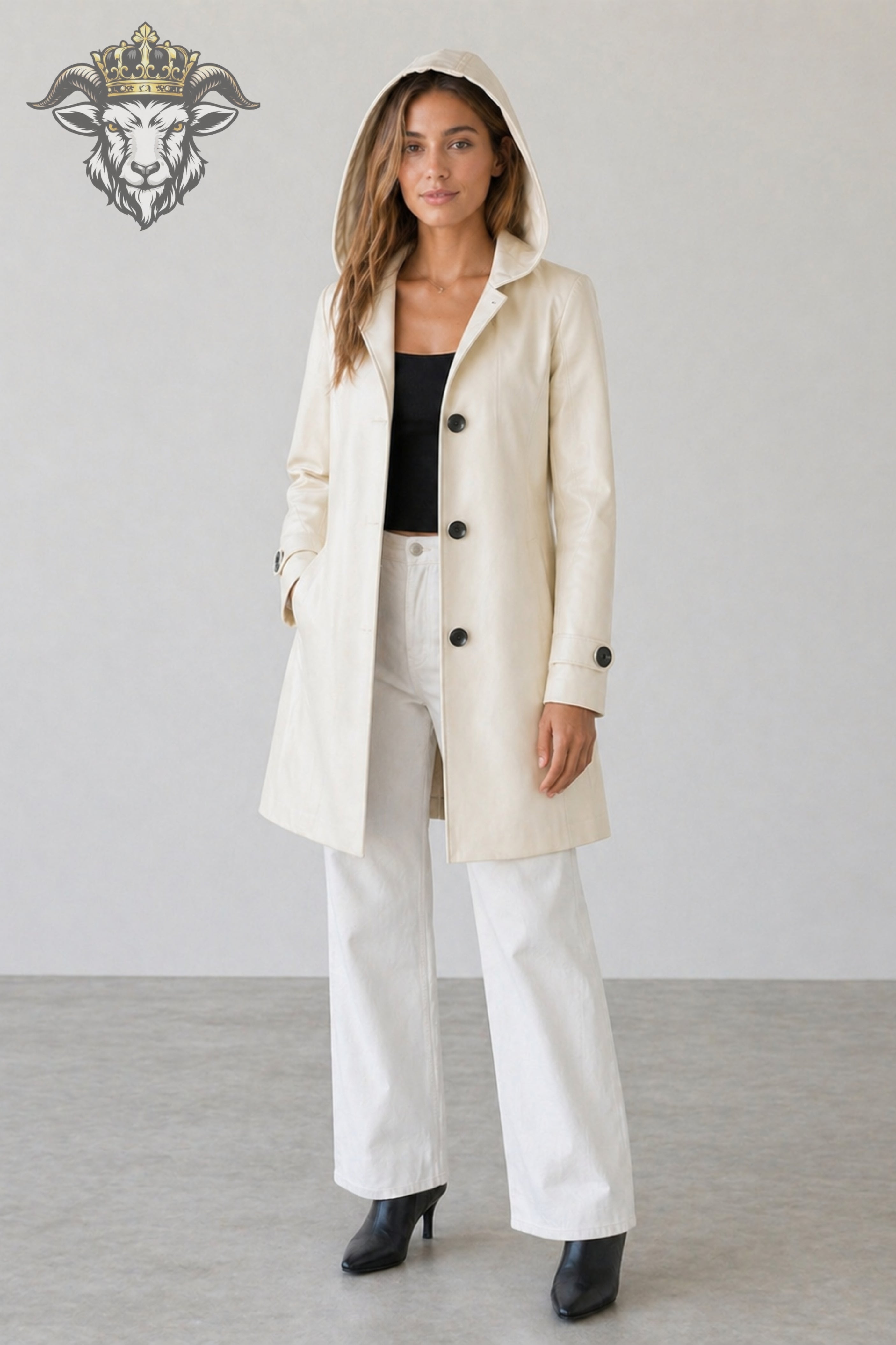 Women’s Cream Real Leather Hooded Coat