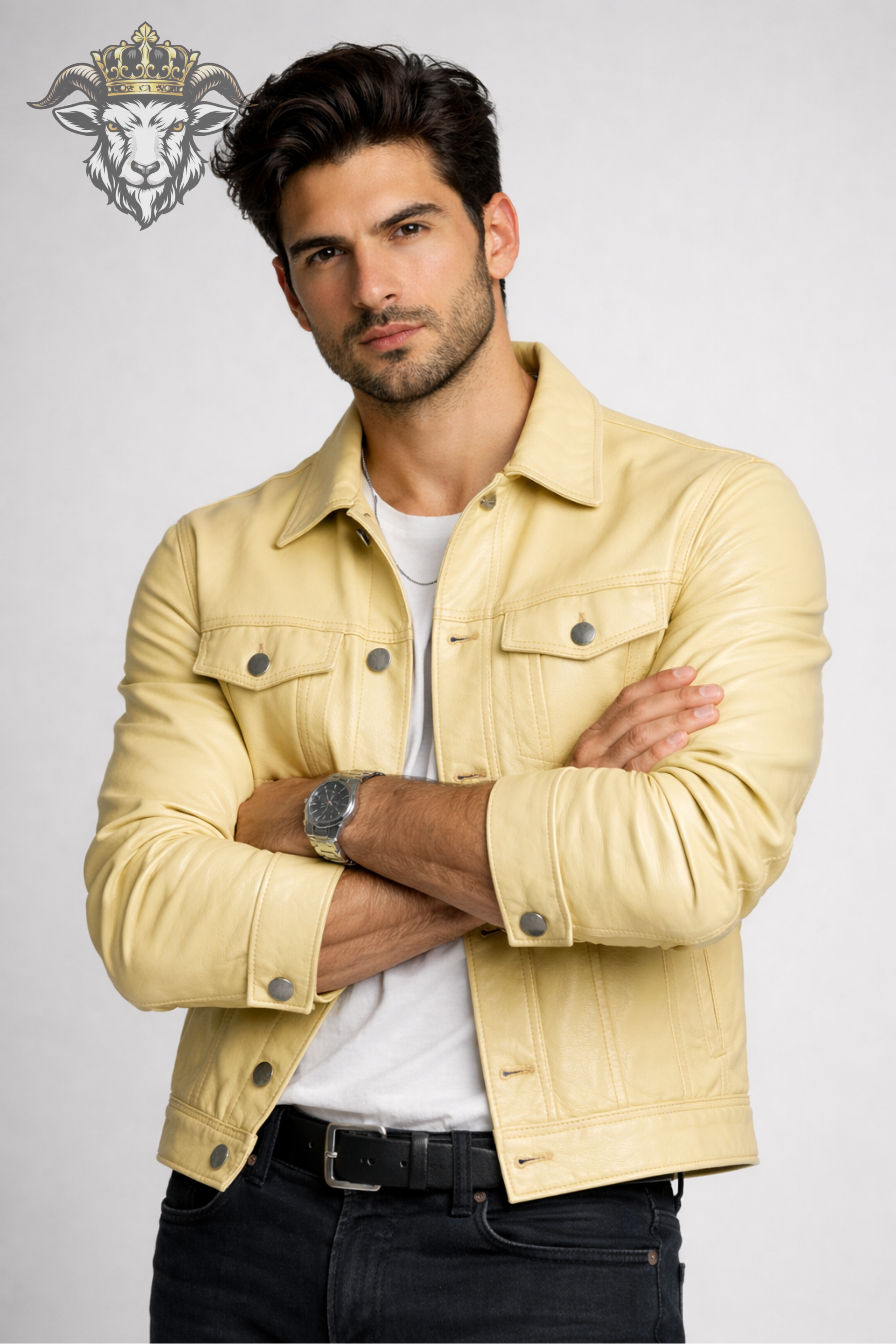 Men’s Pale Yellow Real Leather Trucker Jacket