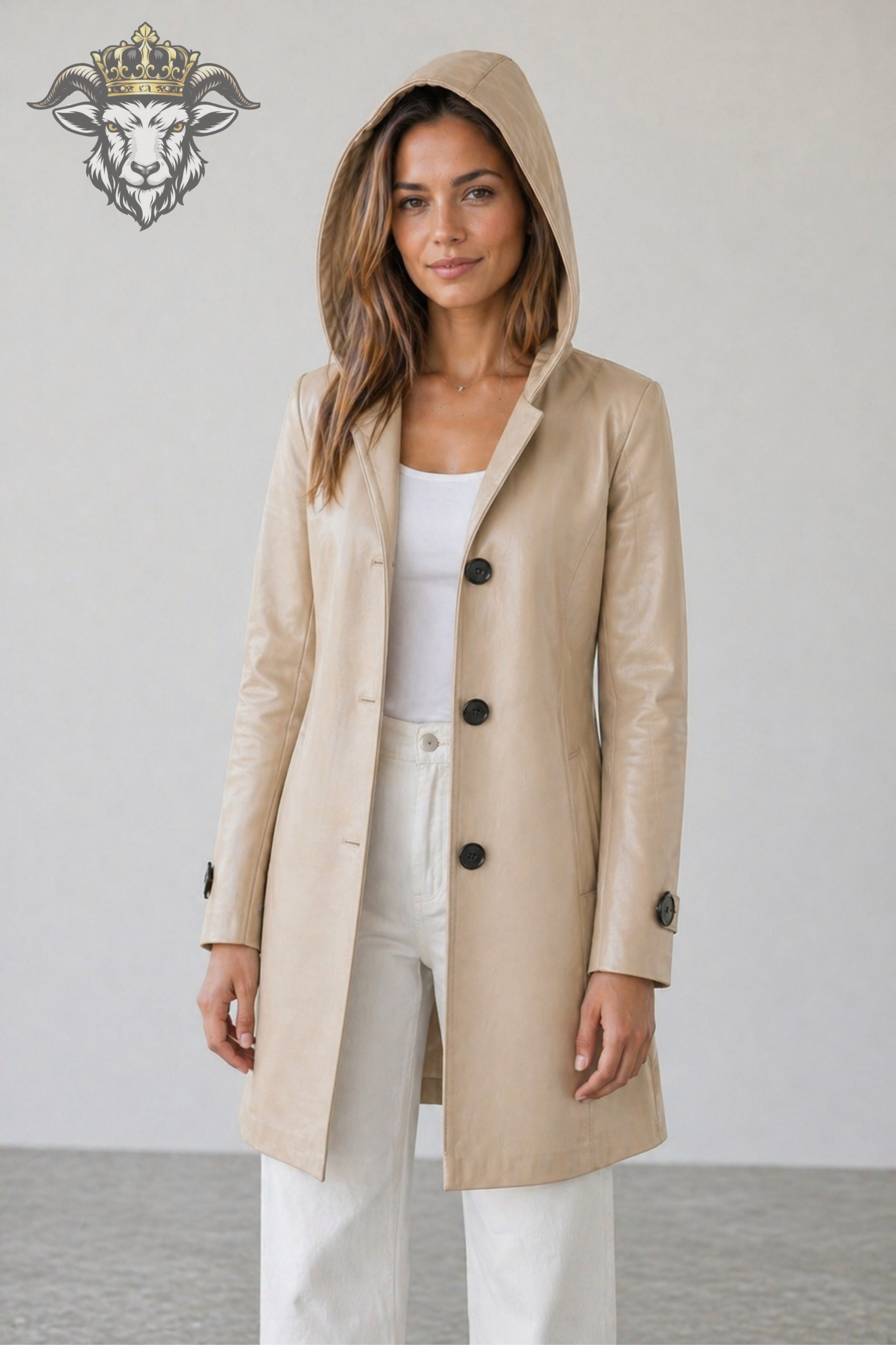 Women’s Beige Real Leather Hooded Coat