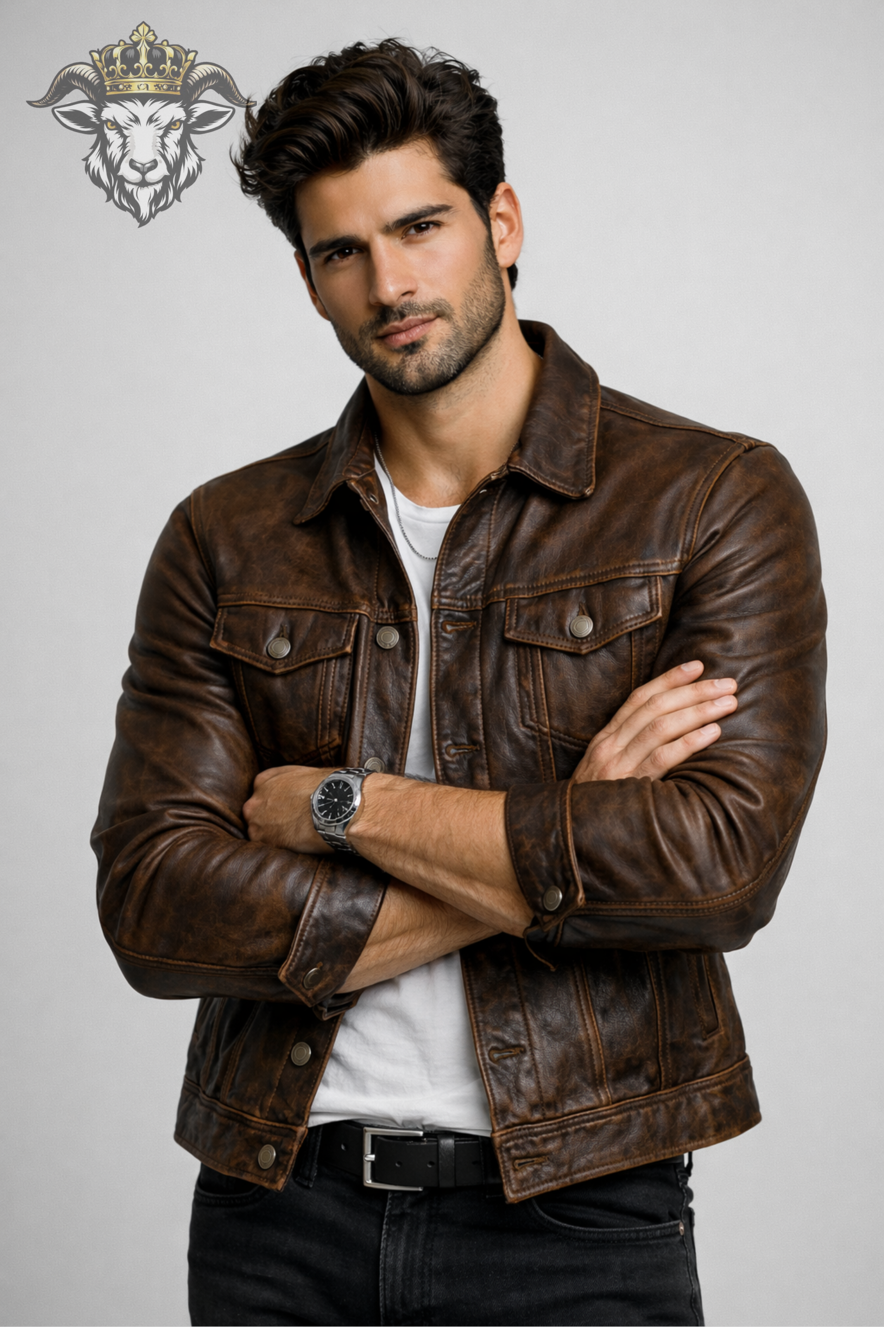 Men’s Distressed Brown Leather Trucker Jacket