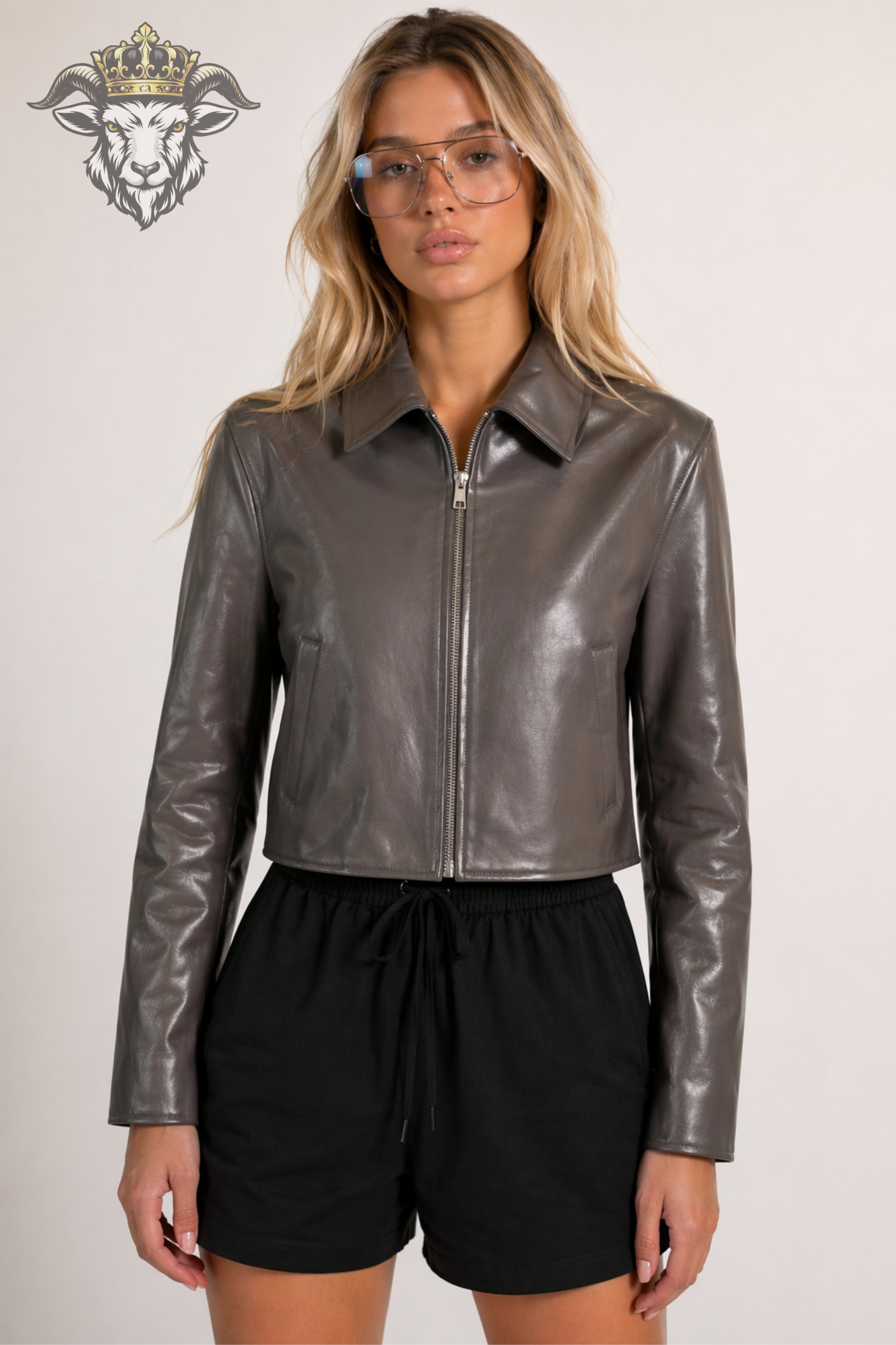 Women’s Grey Real Leather Cropped Jacket
