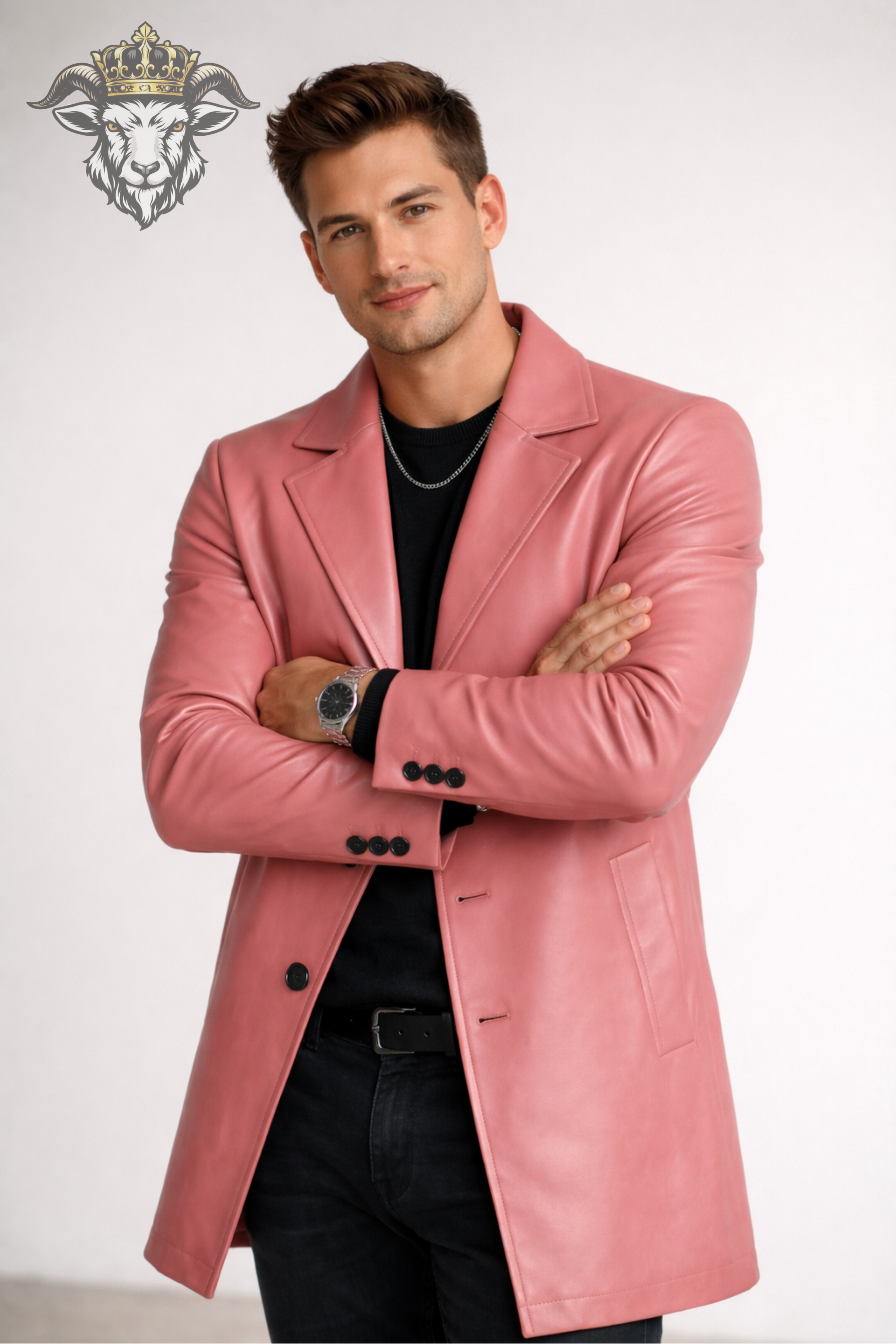 Men’s Pink Real Leather Coat – Mid-Thigh Premium Leather Overcoat | Slim Fit Stylish Designer Jacket for Men