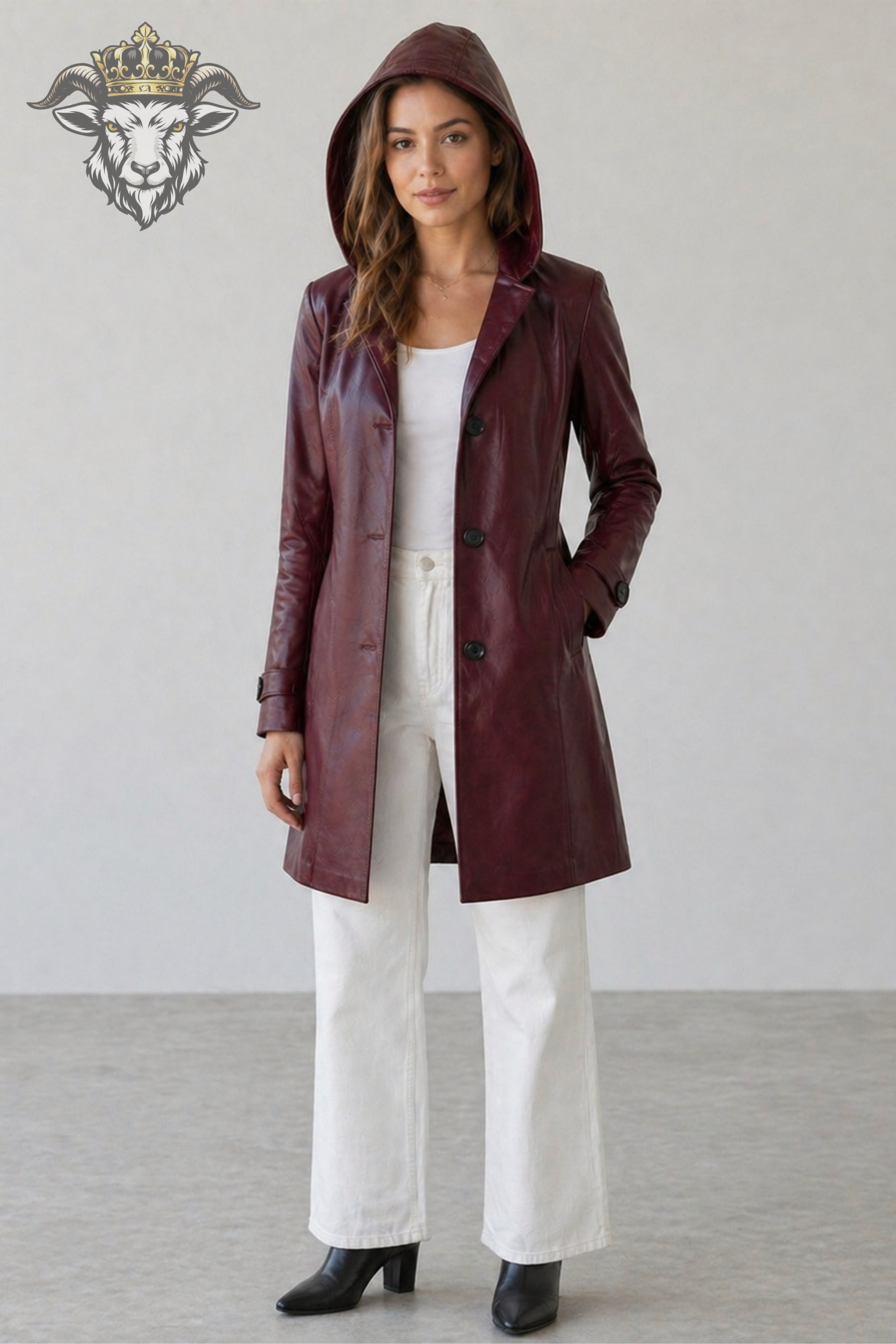 Women’s Burgundy Real Leather Hooded Coat