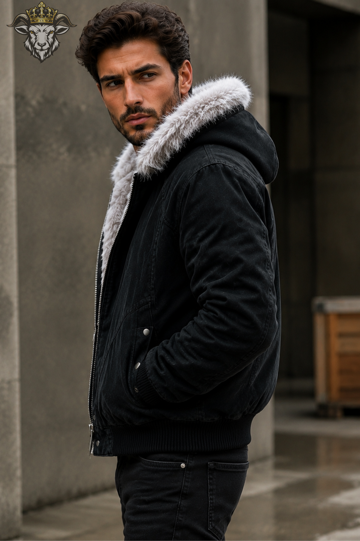 **Men's Black Faux Fur Hooded Bomber Jacket, Leather-Style Winter Jacket, Warm Fur Lined Coat, Urban Streetwear Jacket**