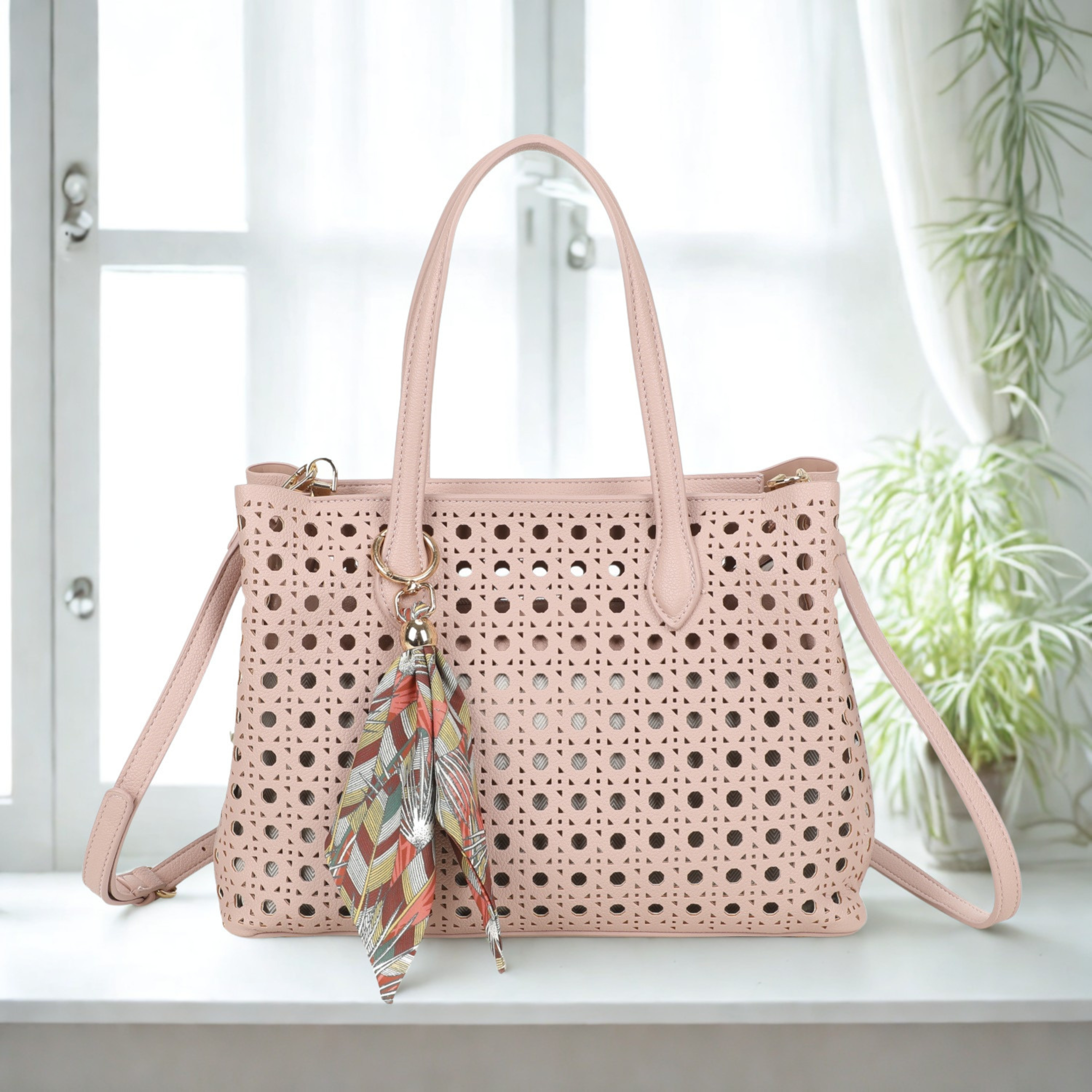 Women’s Laser Cut Tote Bag with Detachable Strap & Scarf Charm
