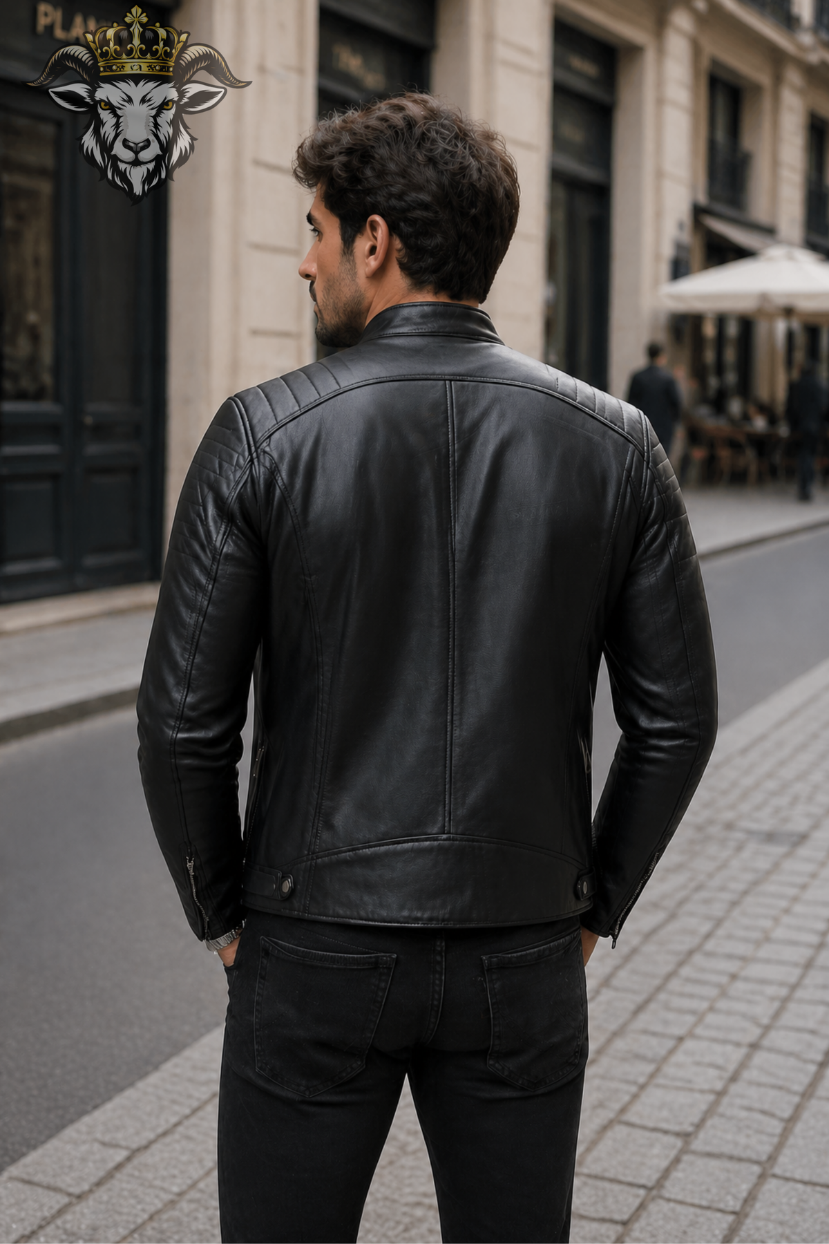 Men's Black Leather Moto Jacket – Slim Fit Biker Jacket with Quilted Shoulders & Zipper Pockets