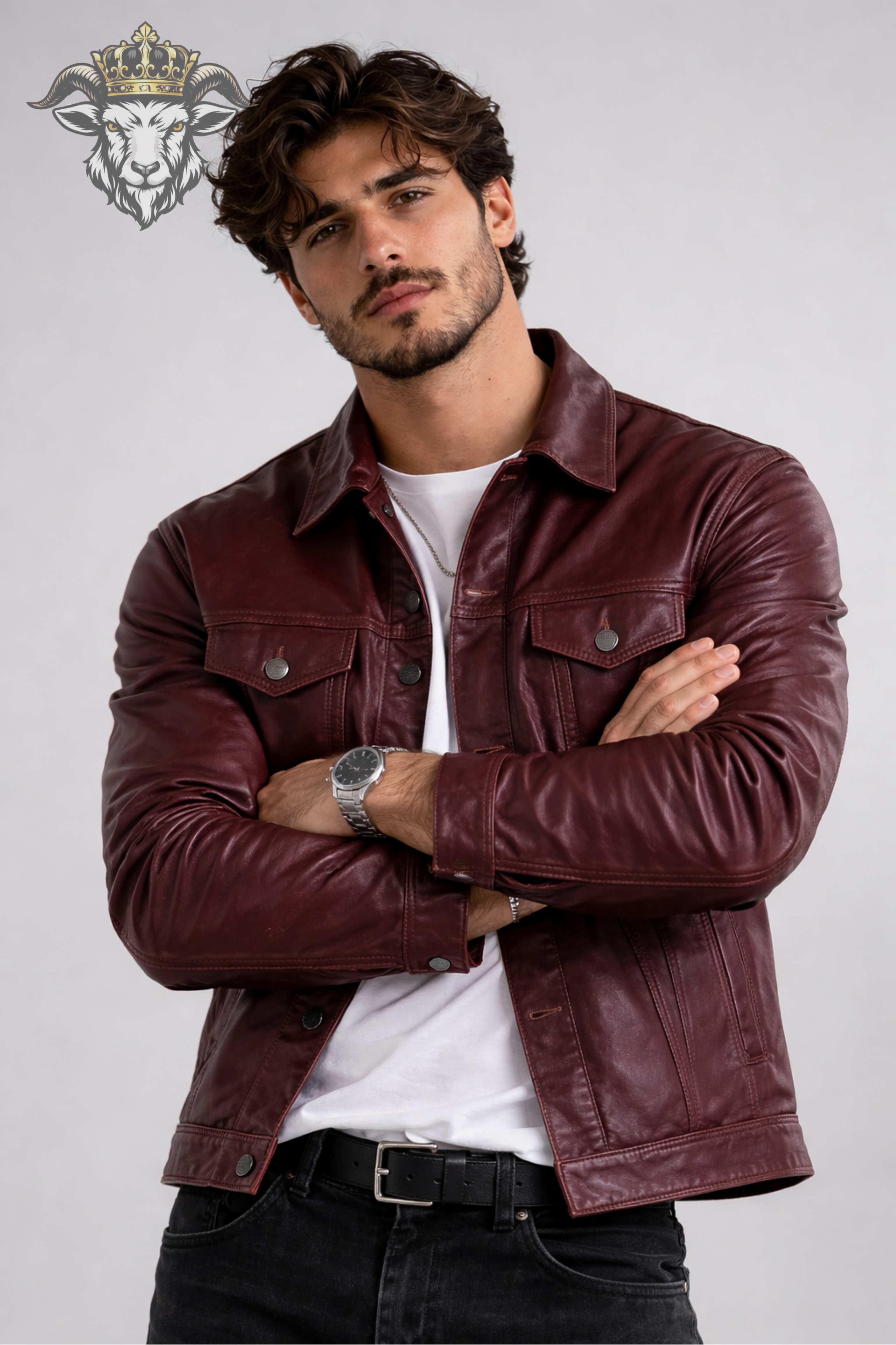 Men’s Burgundy Real Leather Trucker Jacket