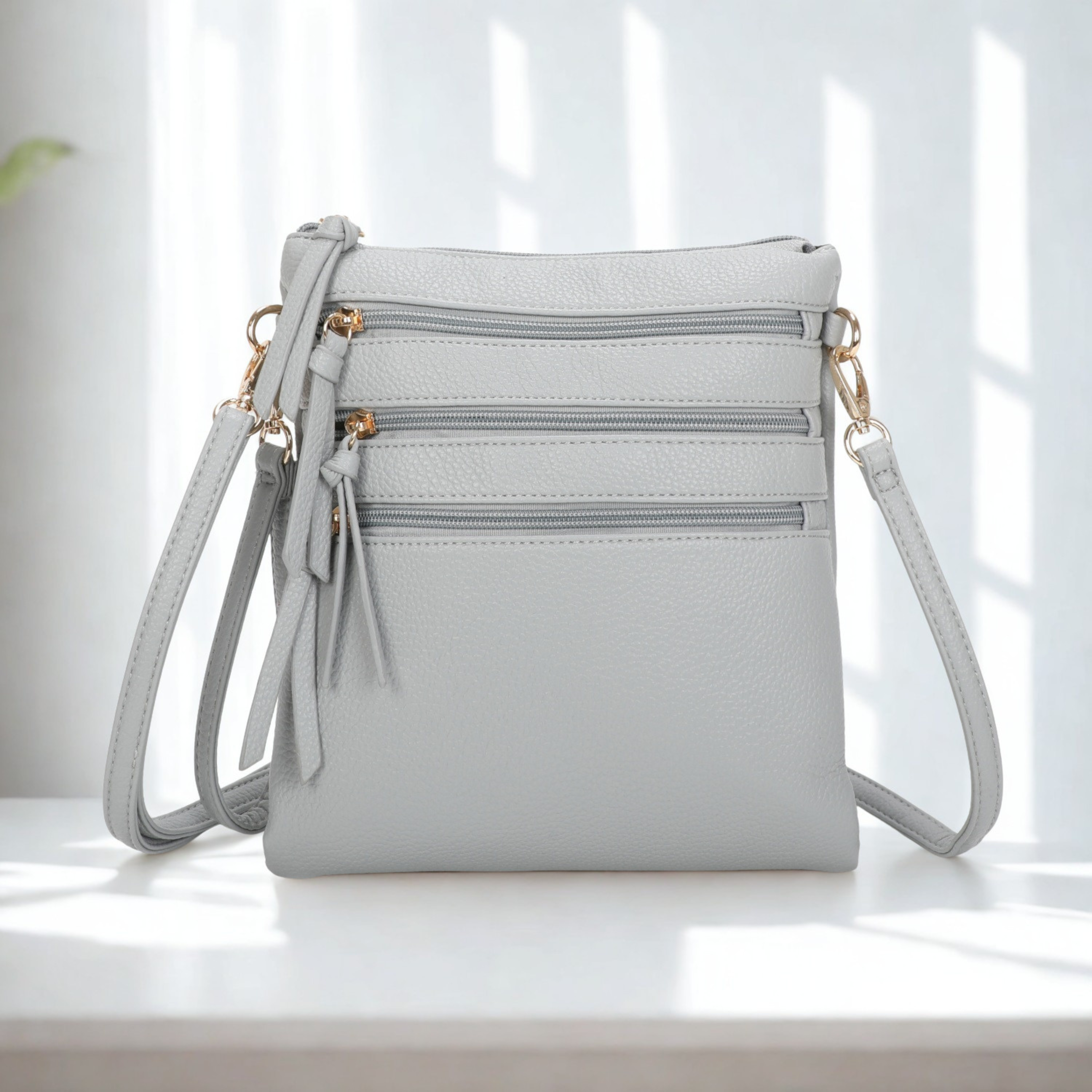 Women’s Multi Zip Crossbody Bag – Slim Synthetic Shoulder Bag with Adjustable Strap