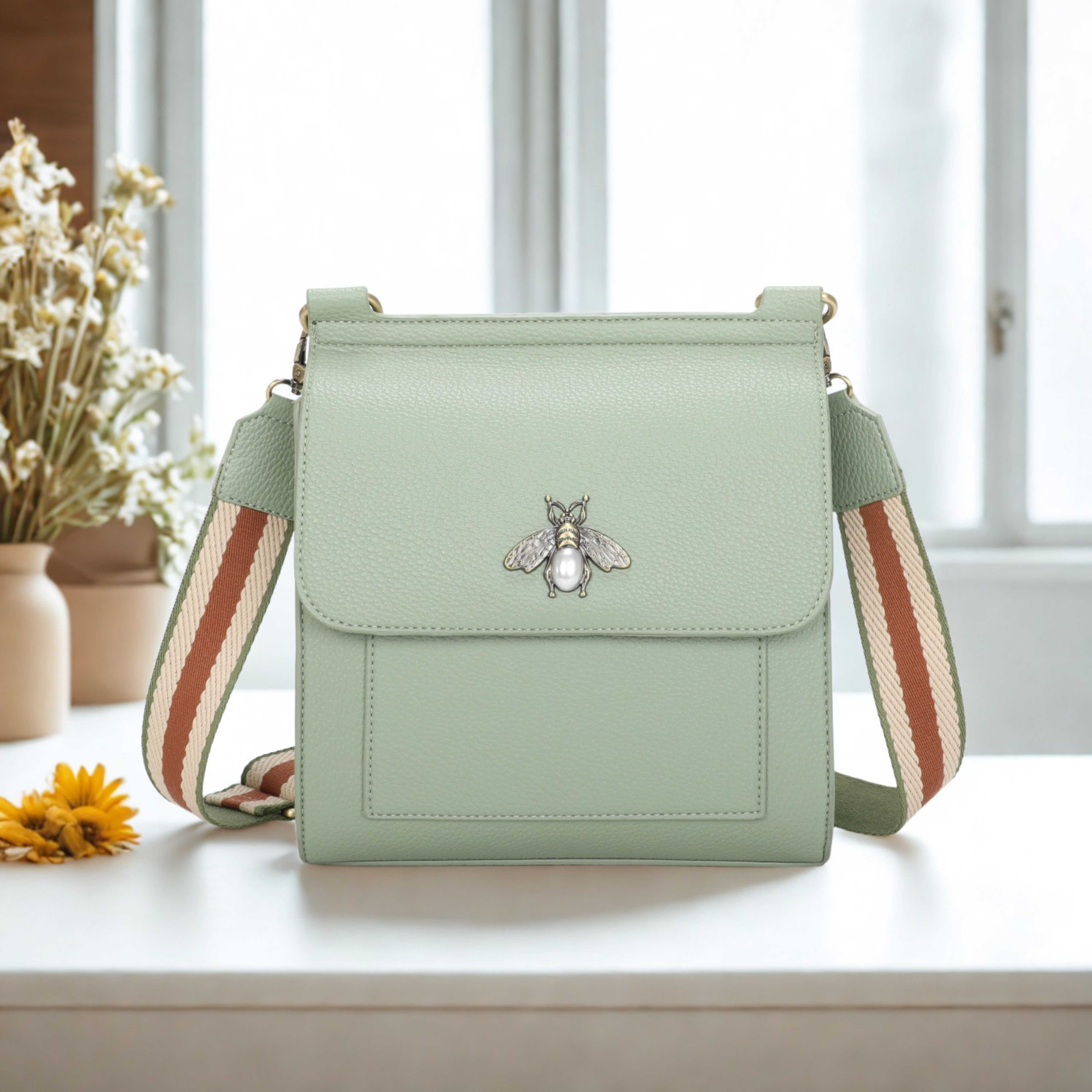 Women’s Bee Crossbody Bag with Pearl Detail, Flap Magdot Closure & Detachable Strap