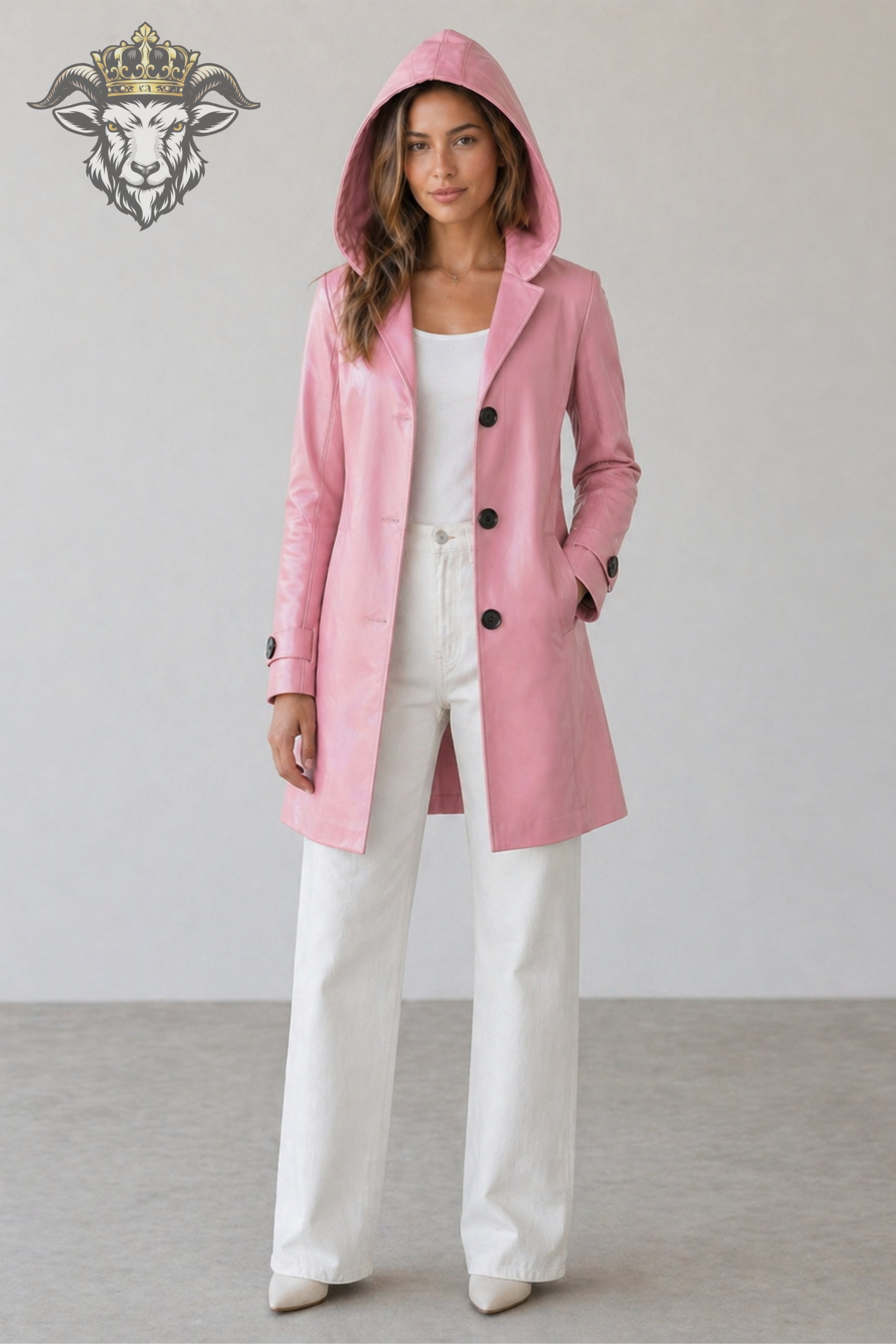 Women’s Pink Real Leather Hooded Coat