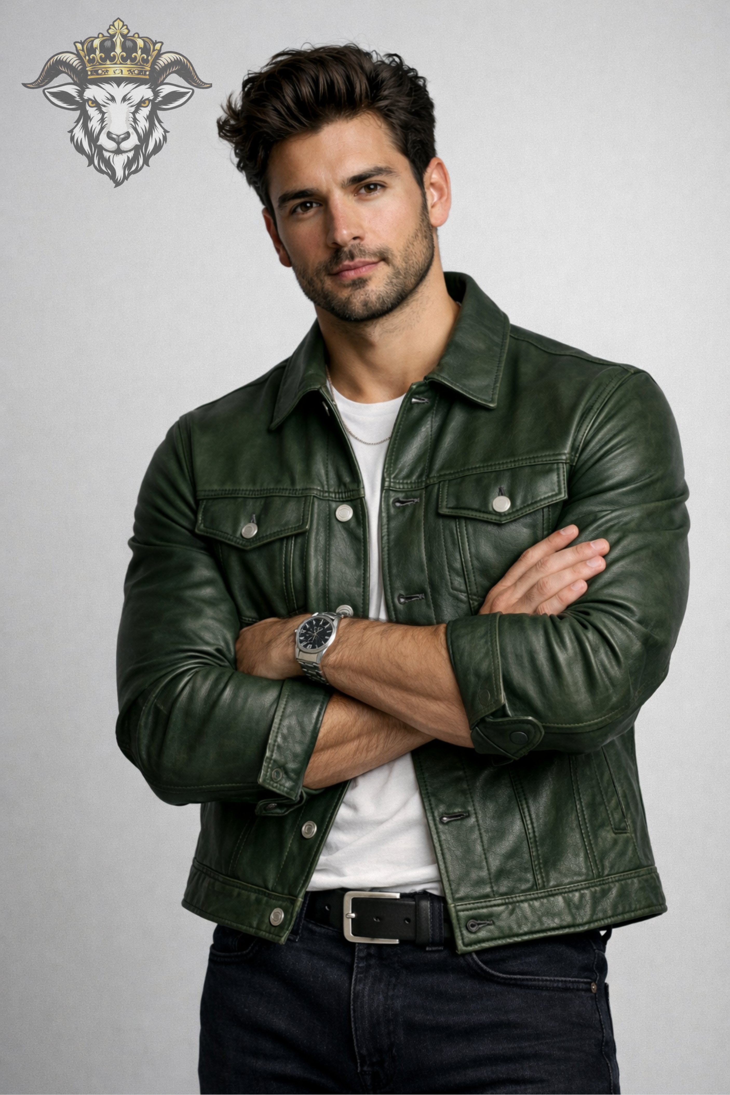 Men’s Green Real Leather Trucker Jacket