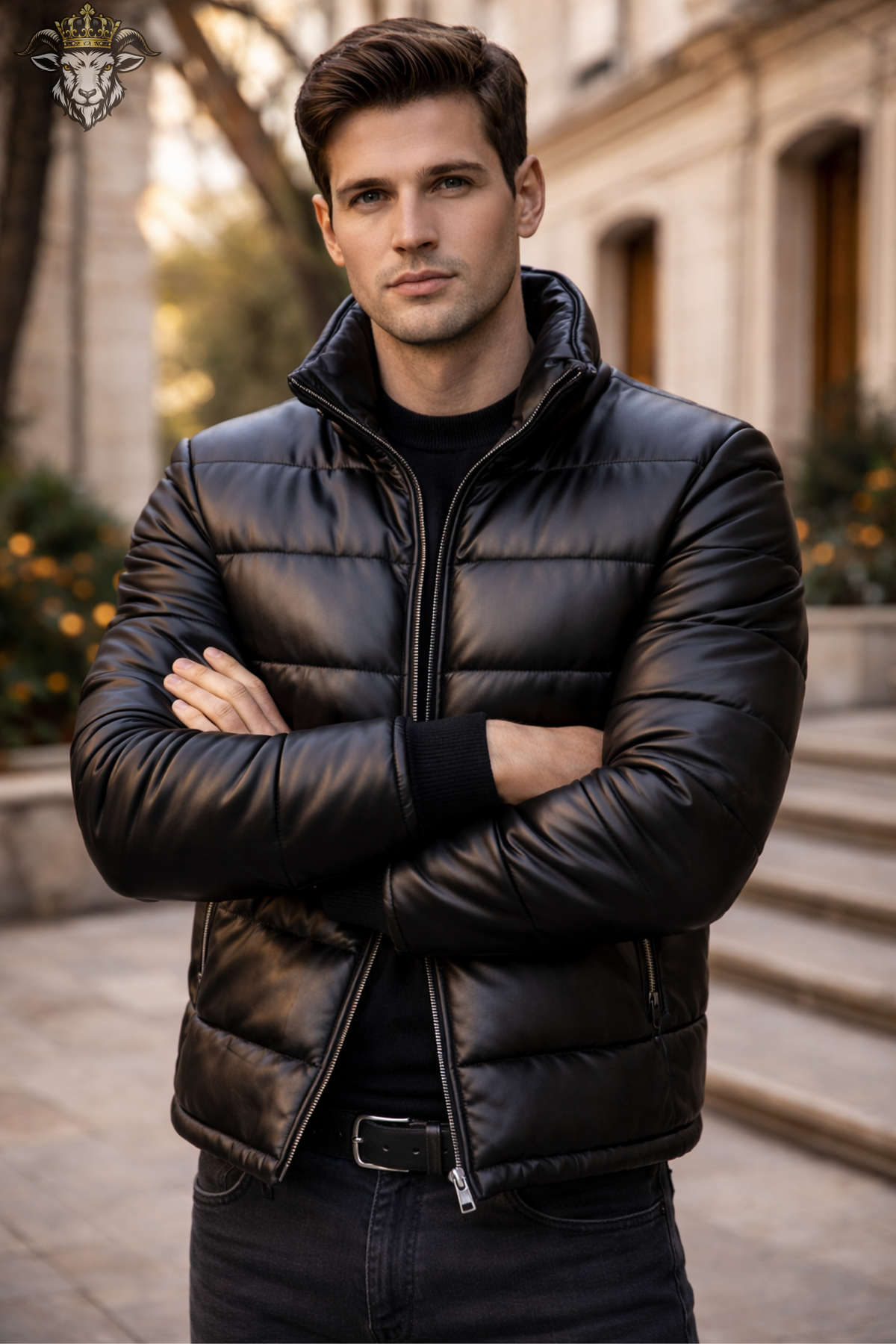 Men’s Black Genuine Leather Puffer Jacket, Quilted Winter Bomber Coat, Real Leather Zip Up Jacket, Stylish Warm Streetwear Outerwear