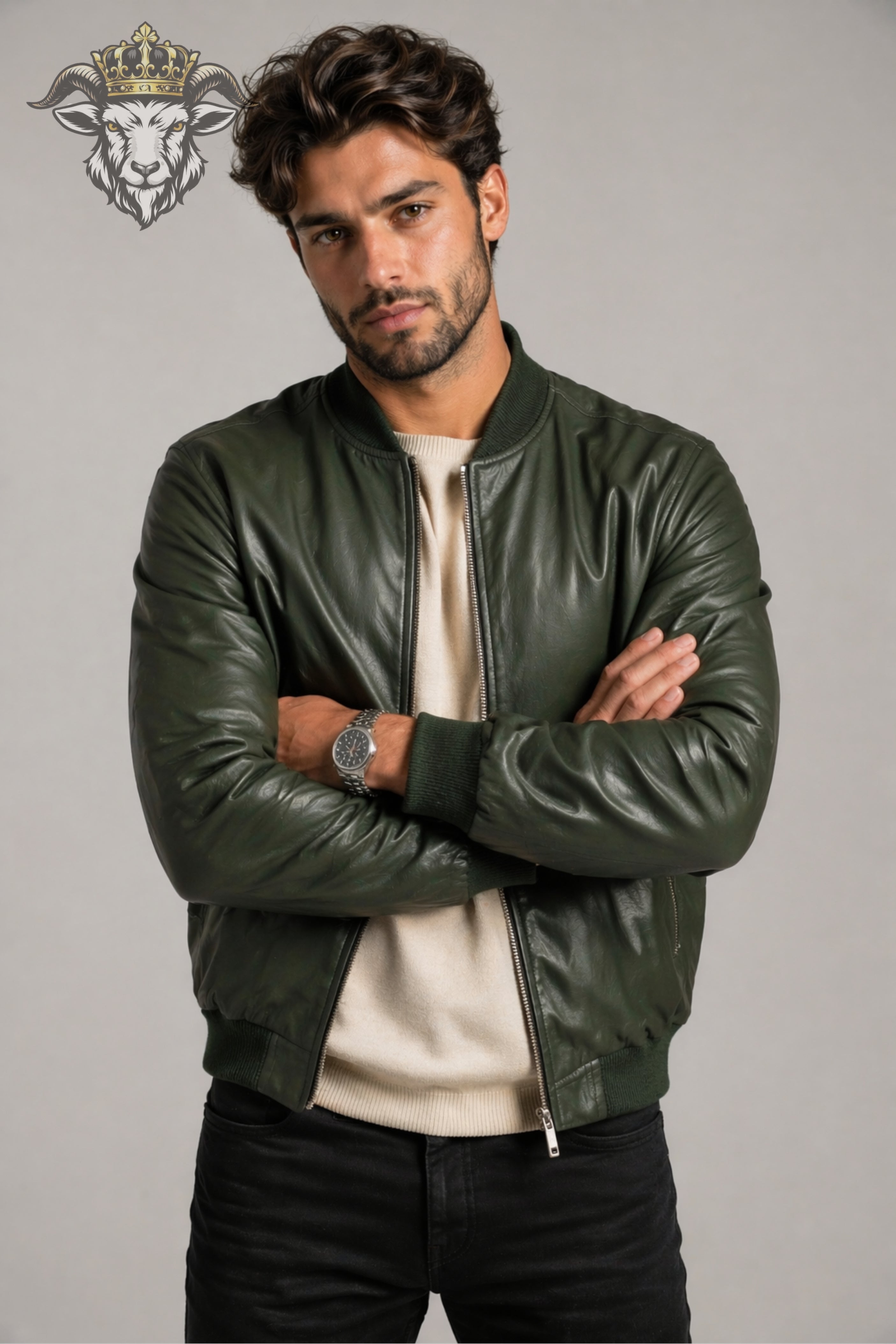 Men’s Green Real Leather Bomber Jacket