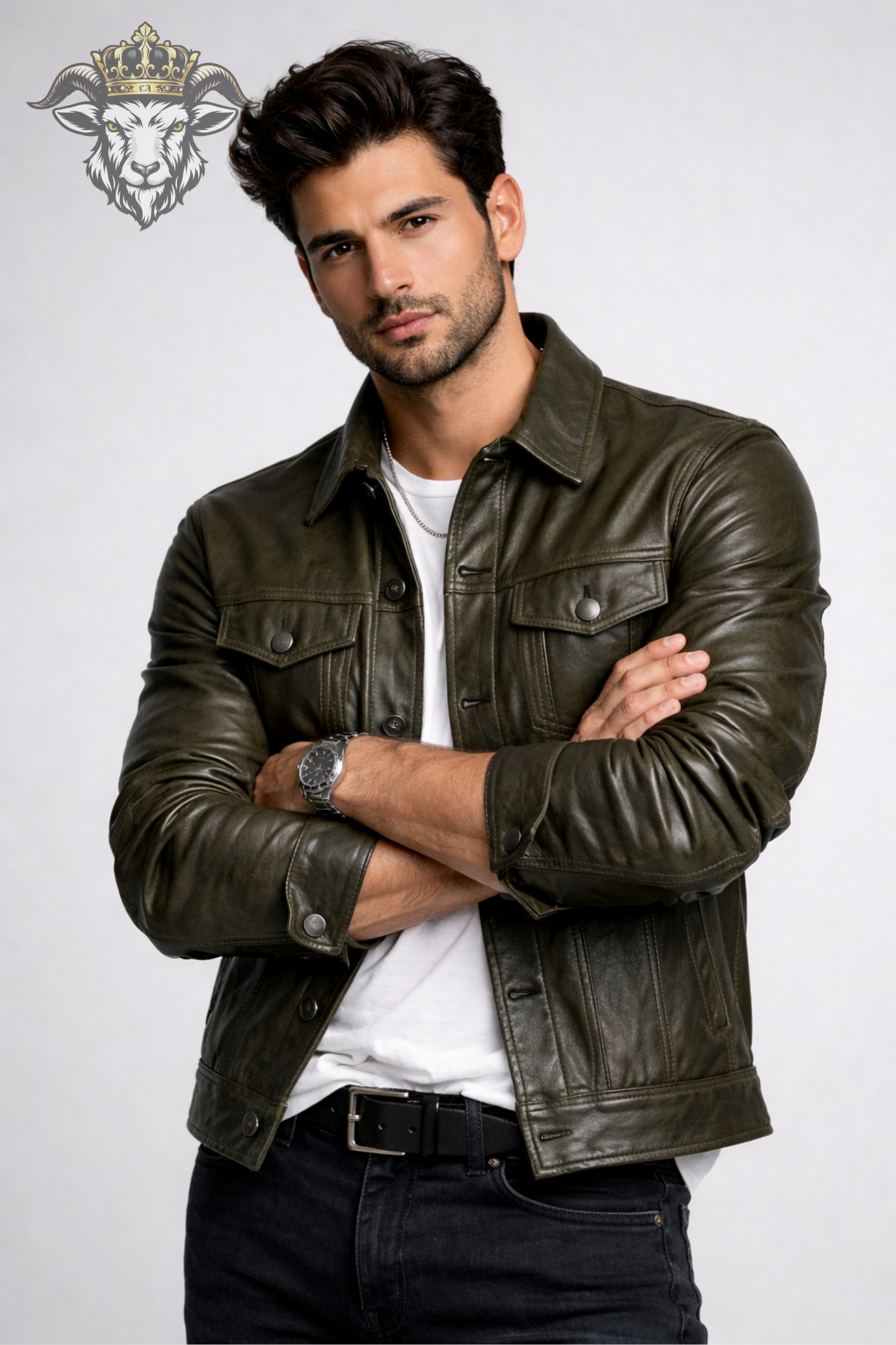 Men’s Olive Green Real Leather Trucker Jacket