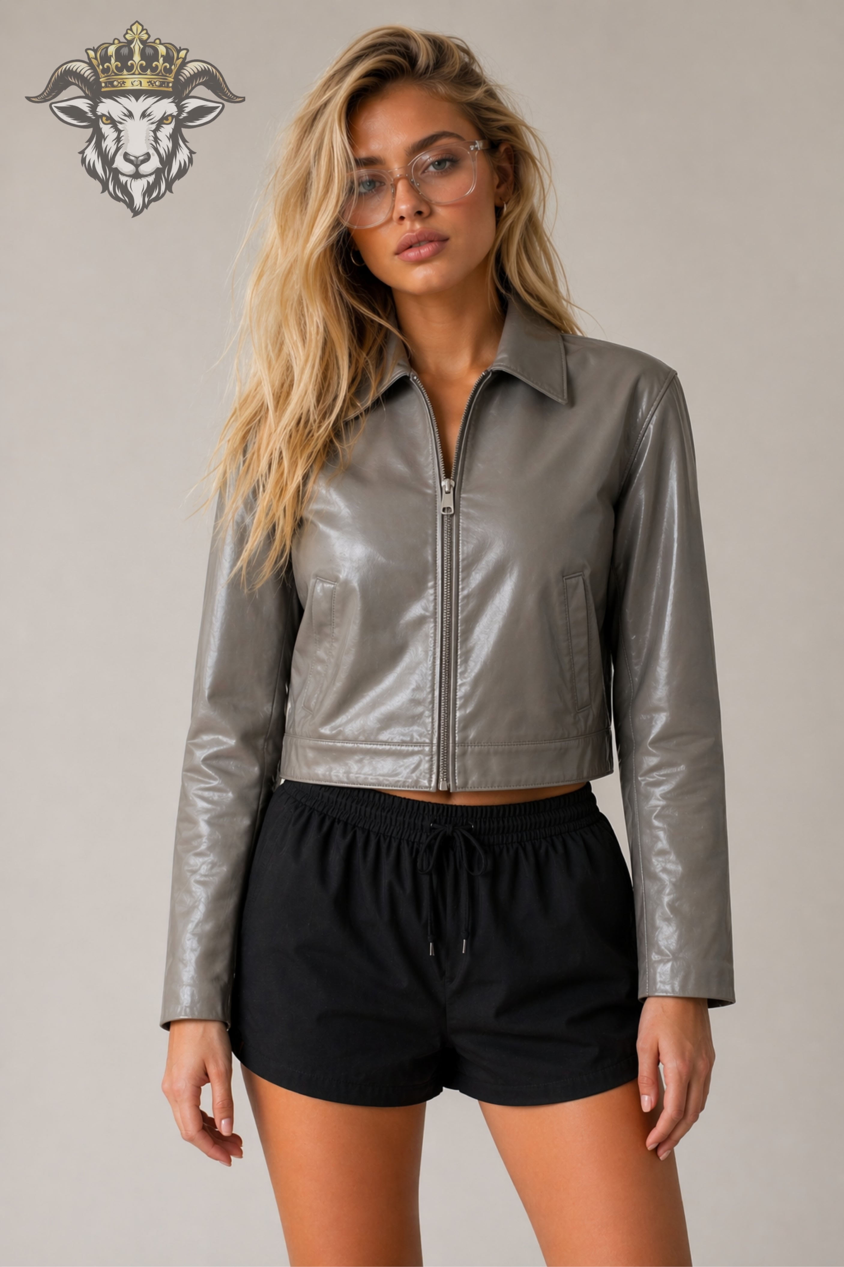 Women’s Light Grey Real Leather Cropped Jacket