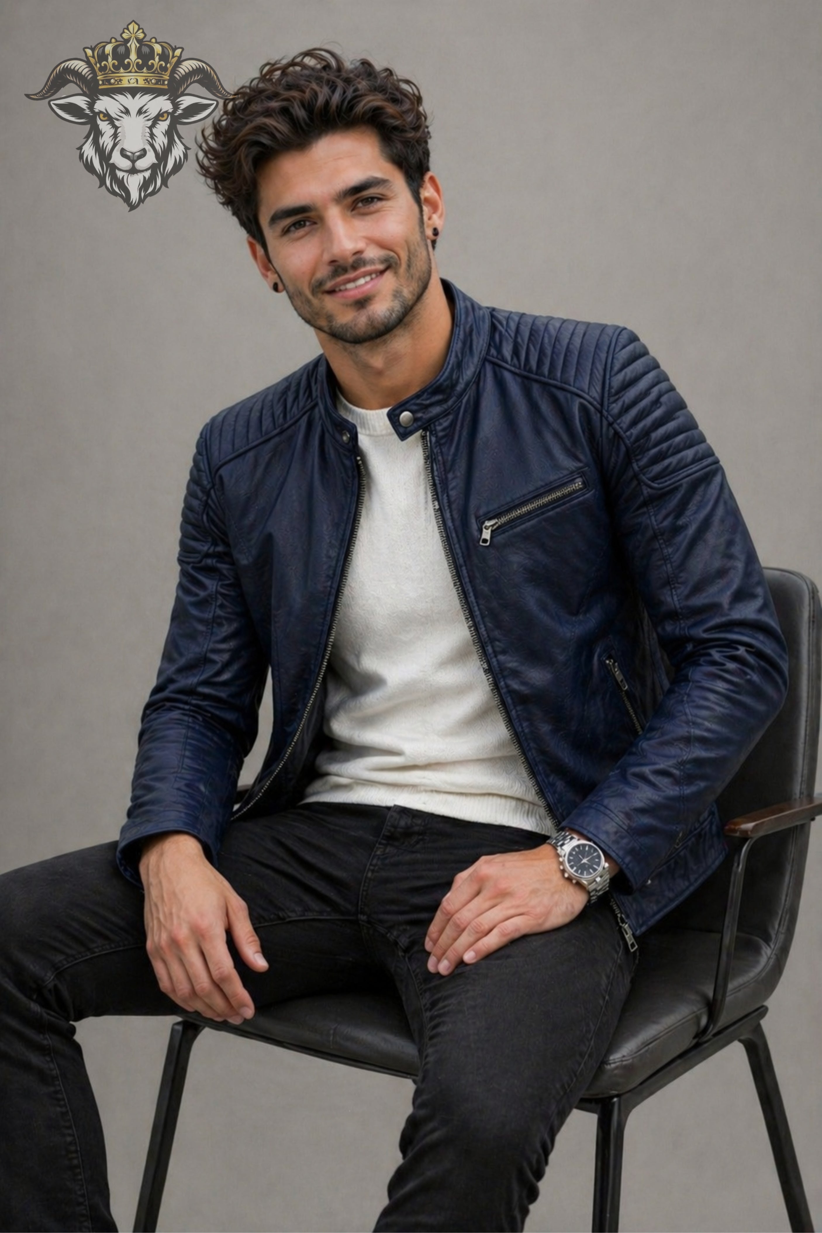 Men’s Navy Blue Real Leather Roadster Jacket