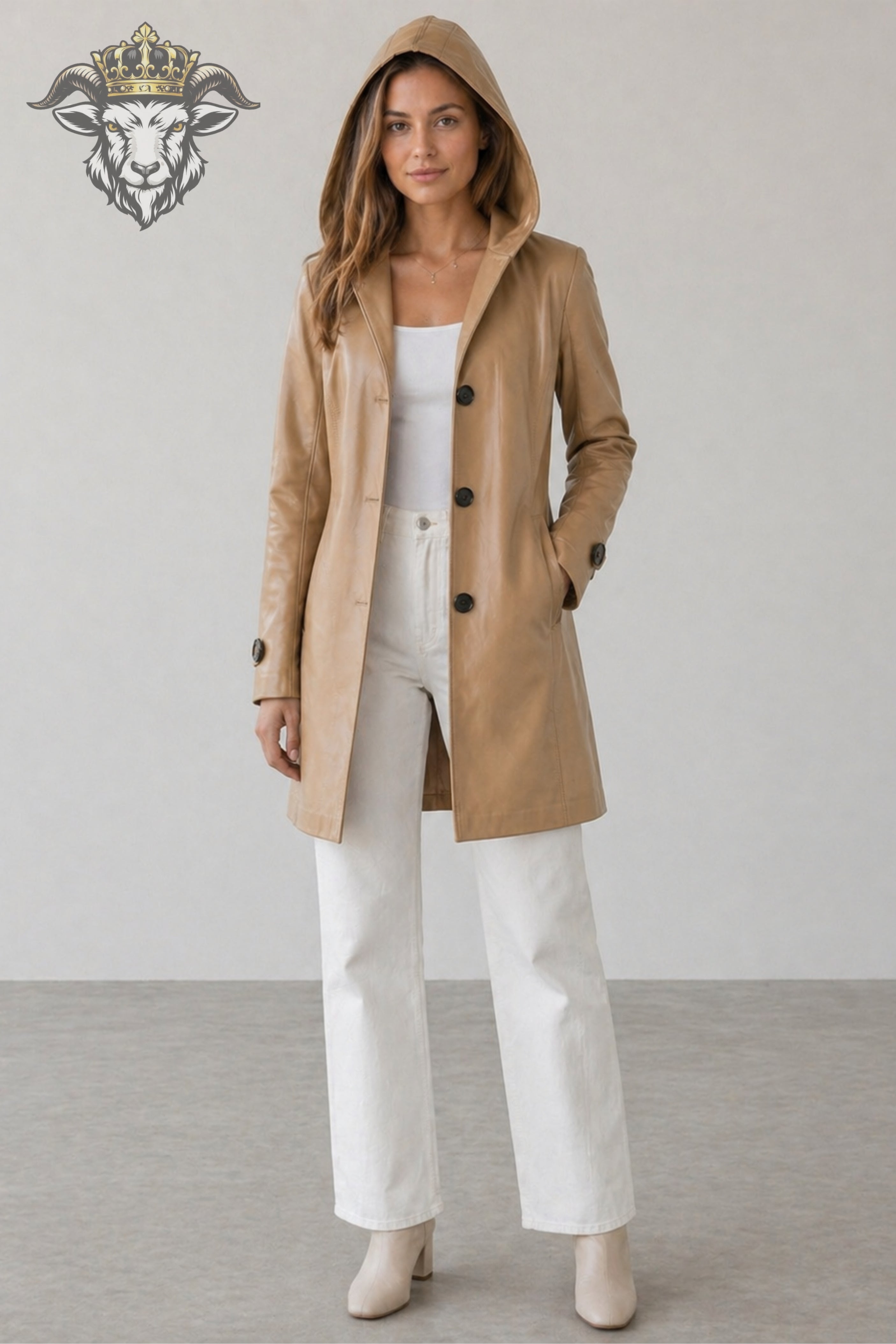 Women’s Tan Real Leather Hooded Coat