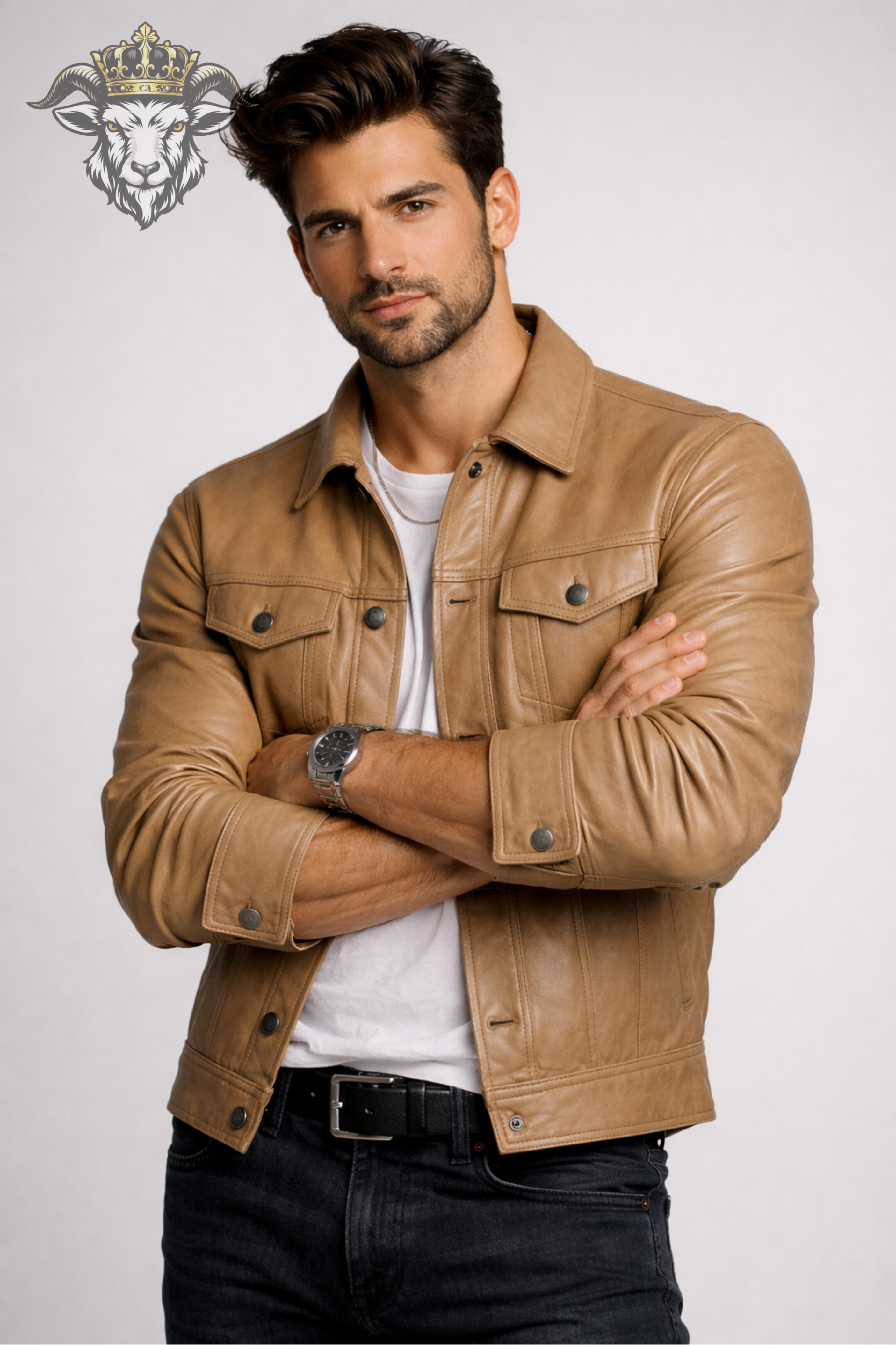 Men’s Beige Real Leather Trucker Jacket