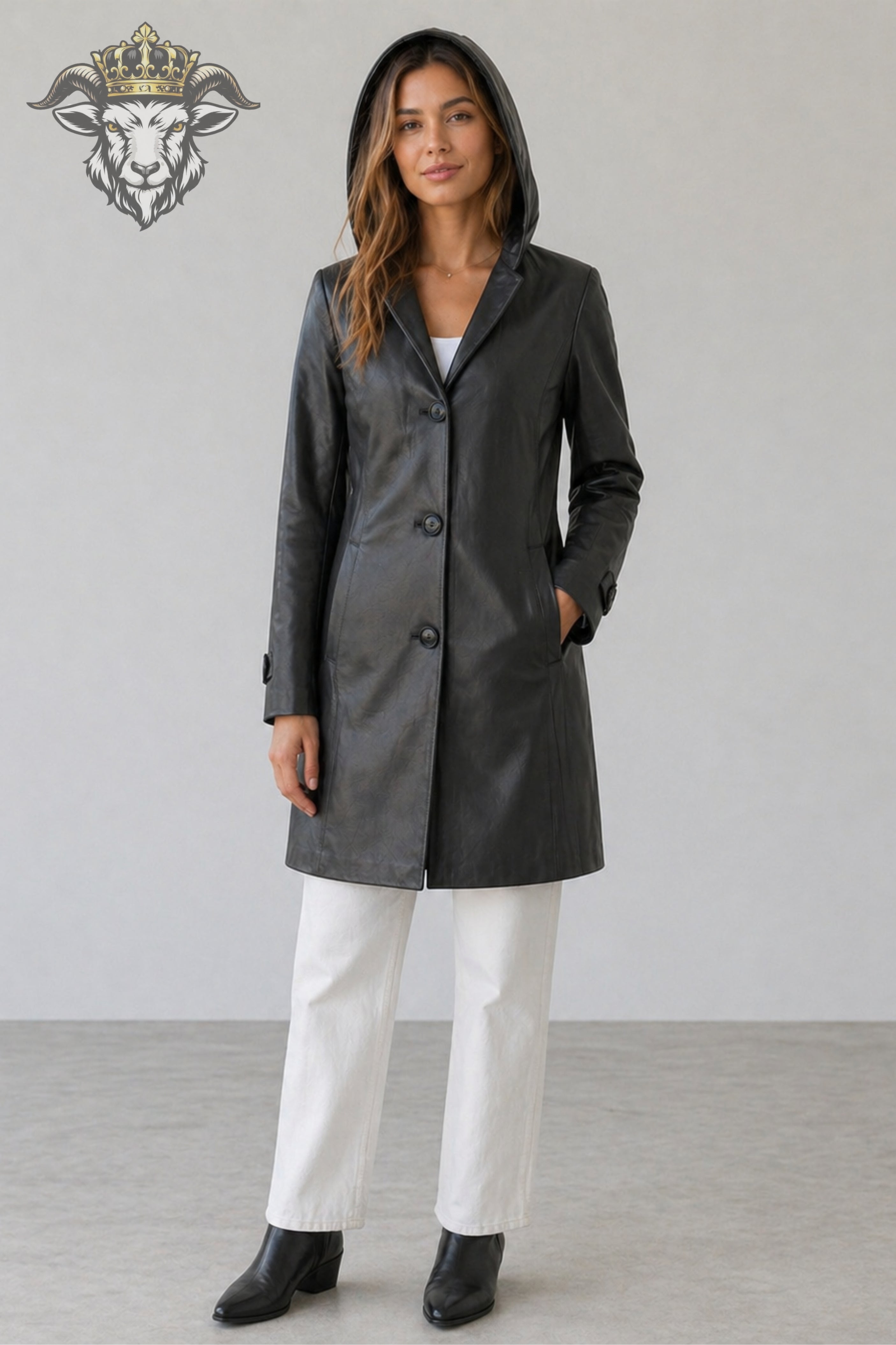 Women’s Charcoal Real Leather Hooded Coat