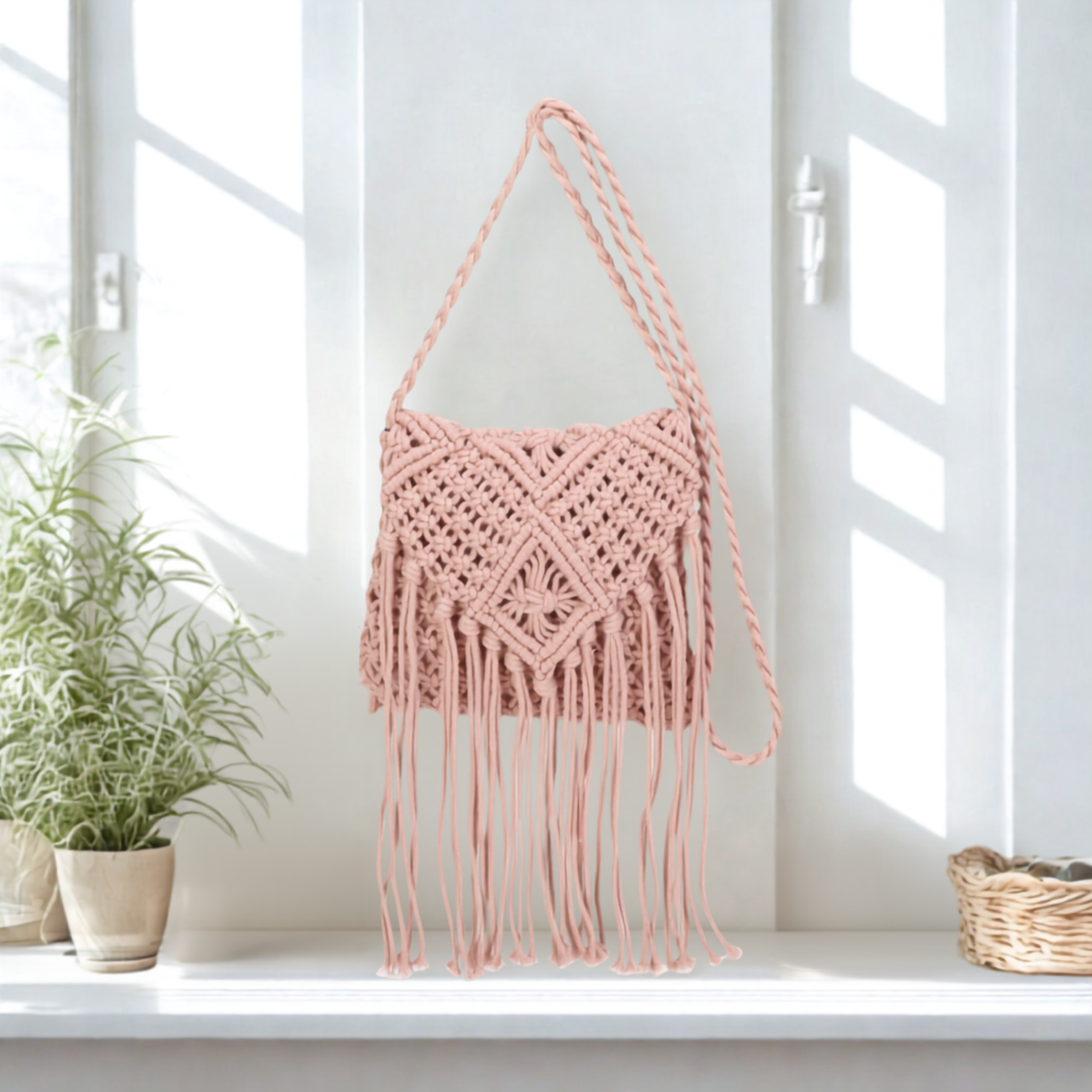Women’s Knitted Crochet Shoulder Bag – Synthetic Top Zip Flap Crossbody Bag with Long Strap