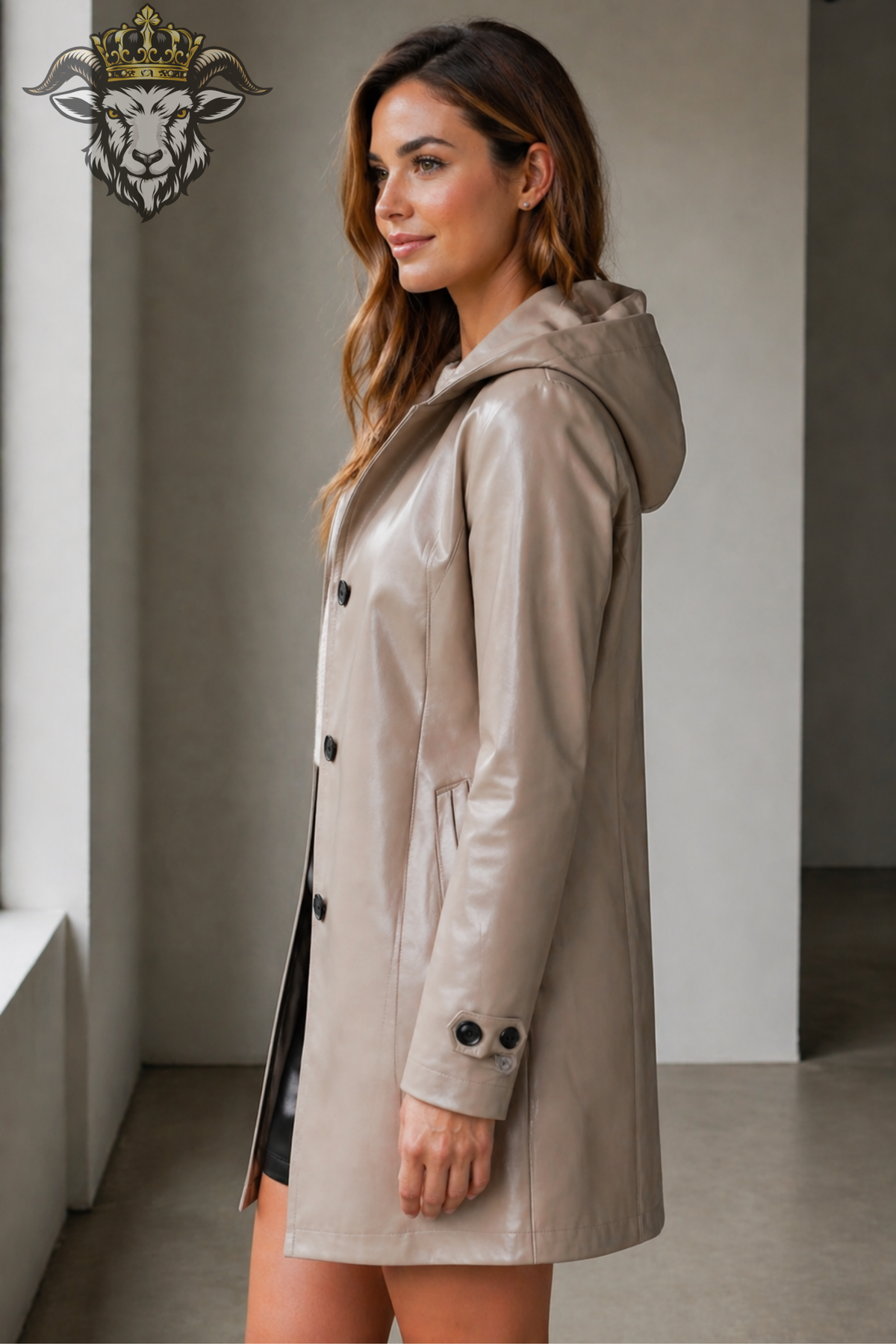 Women’s Beige Leather Hooded Trench Coat – Premium Long Leather Jacket with Black Buttons, Tailored Fit & Elegant Winter Outerwear